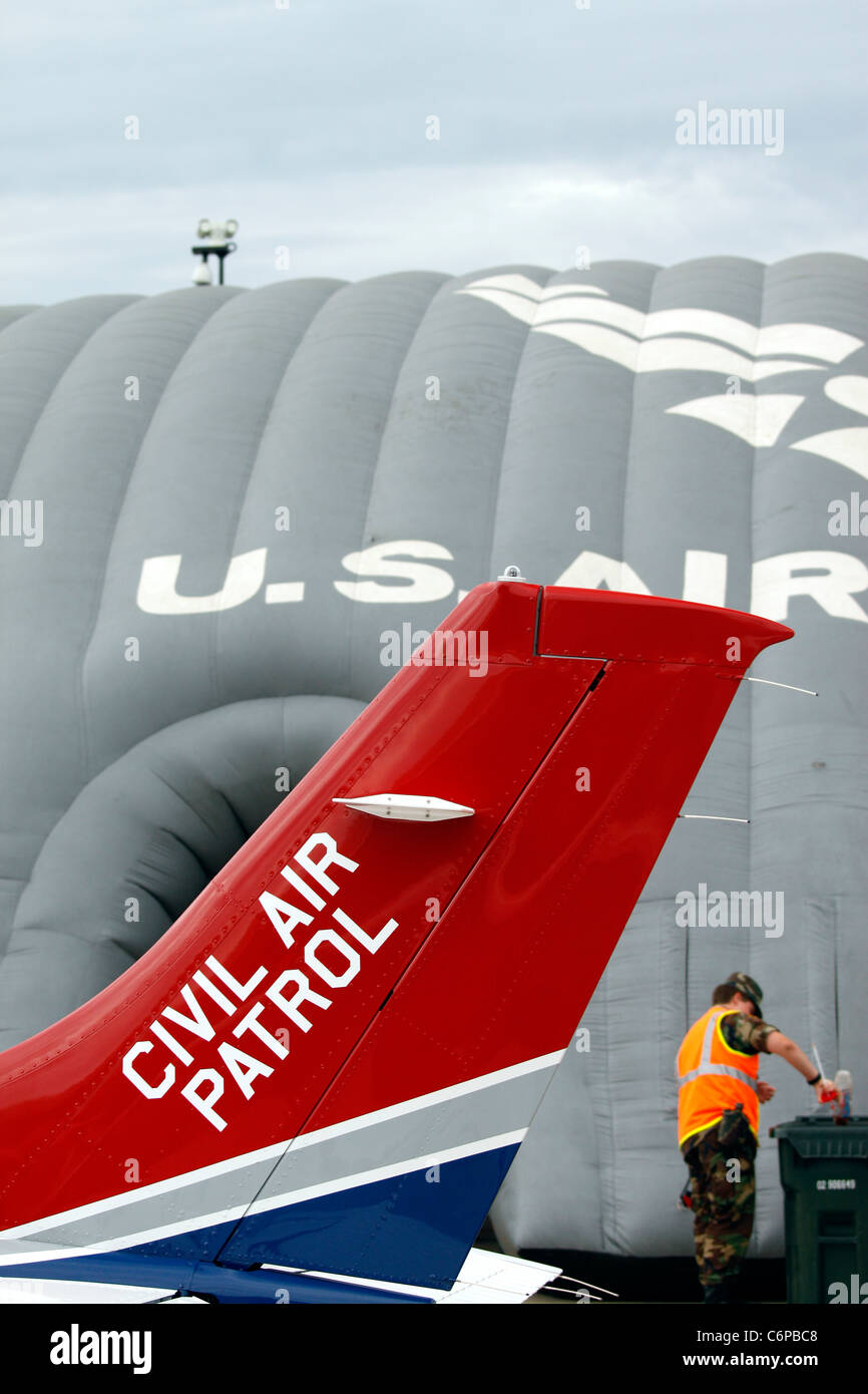 Civil air patrol aircraft tail in front of US Air Force inflatable recruiting pavillion Stock Photo