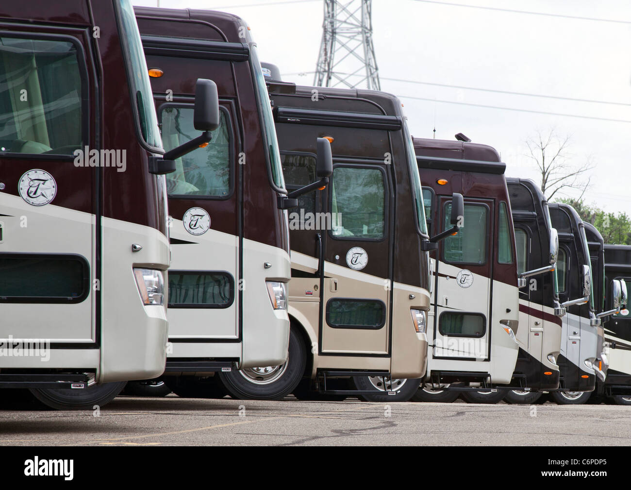 Wixom, Michigan - Luxury recreational vehicles on sale at an RV dealer. Stock Photo