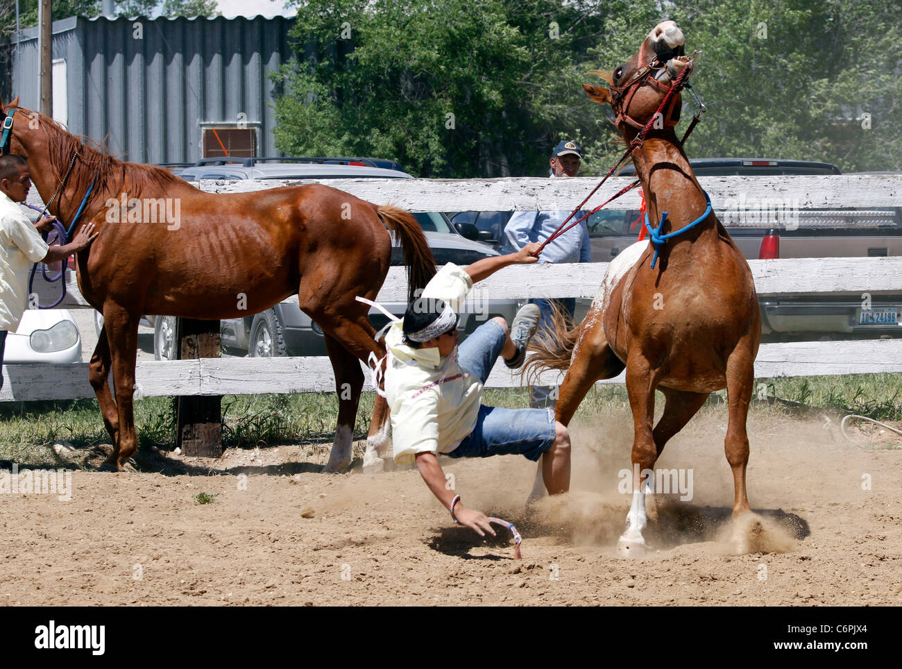 Indian Relay Horse race held during the annual Shoshone-Bannock  Festival held in Fort Hall, Idaho. Stock Photo