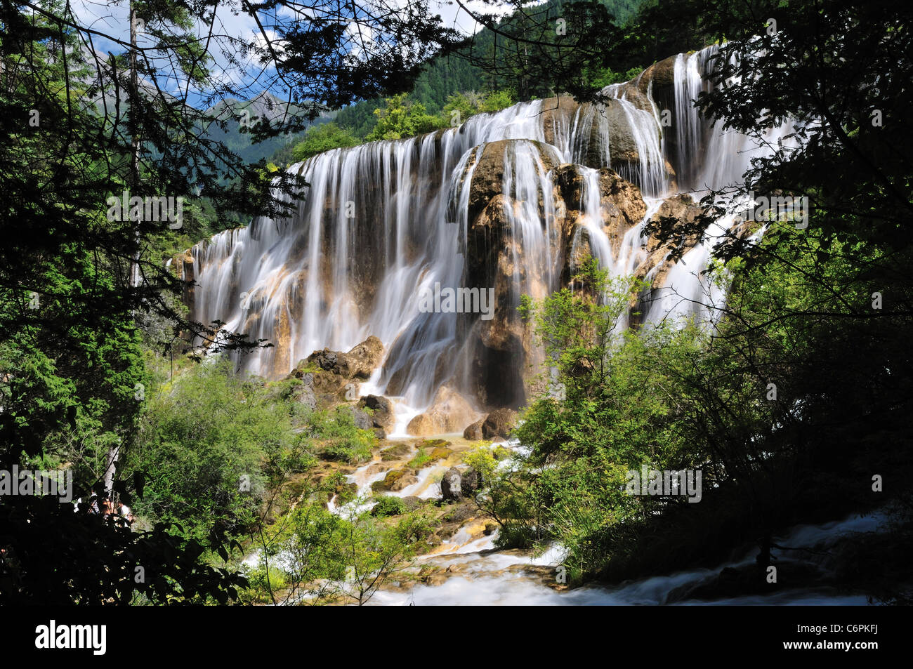 The Pearl Shoal Falls in Jiuzhaigou Nature Reserve, an UNESCO World Heritage site. Sichuan, China. Stock Photo