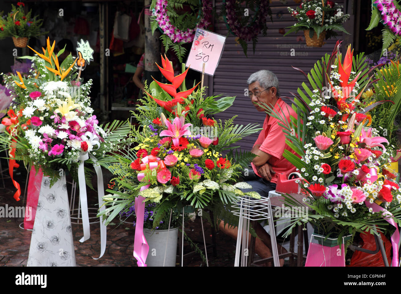 Outdoor florist in Chinatown street market. Kuala Lumpur, Malaysia