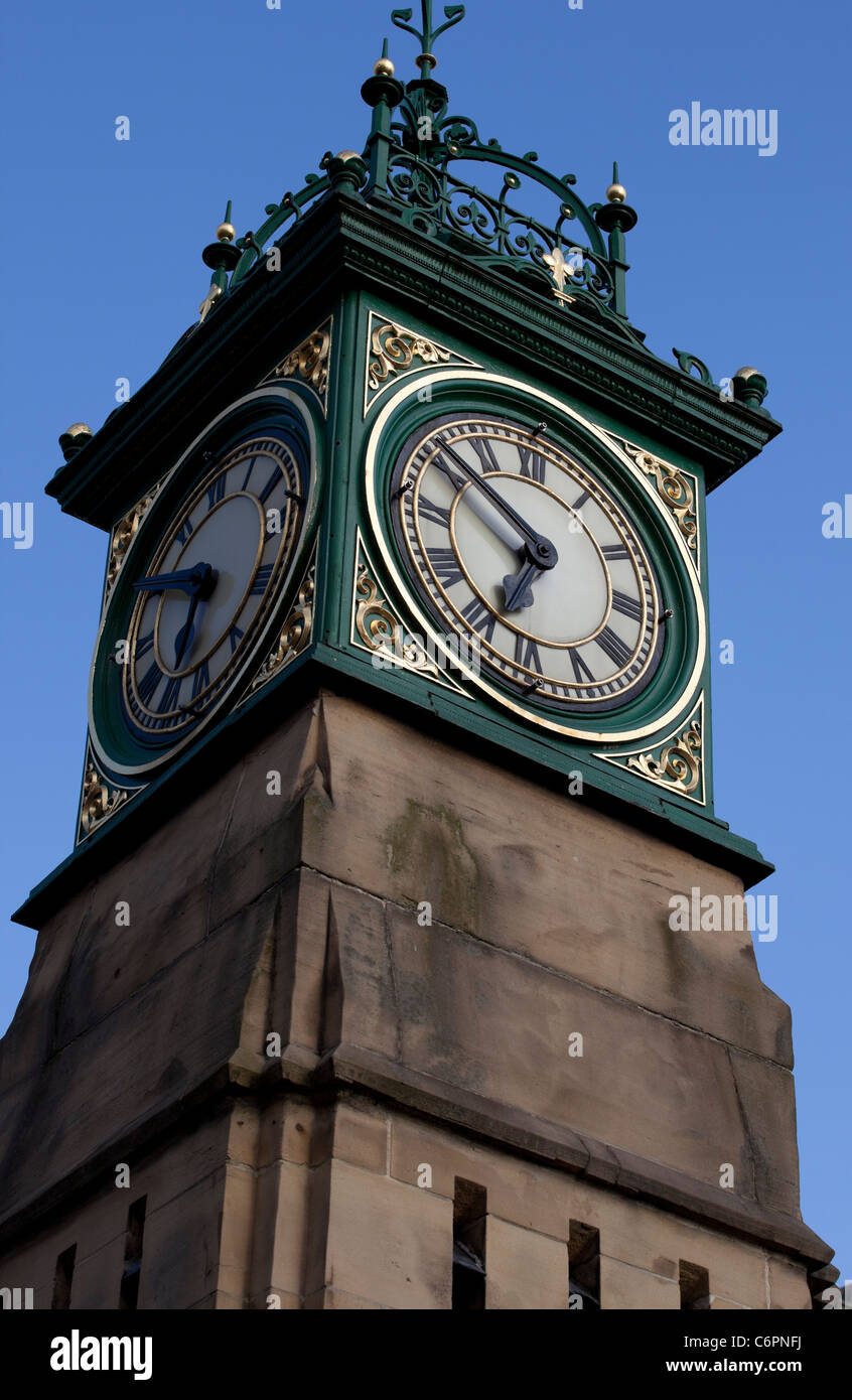 The Jubilee Clock in Otley market place was erected in 1888 to mark the Golden Jubilee of Queen Victoria. Stock Photo