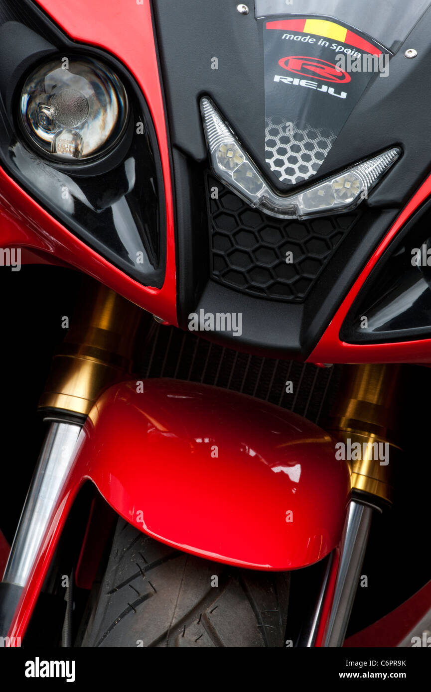 Rieju Motorbike front end. Sports Motorcycle detail Stock Photo