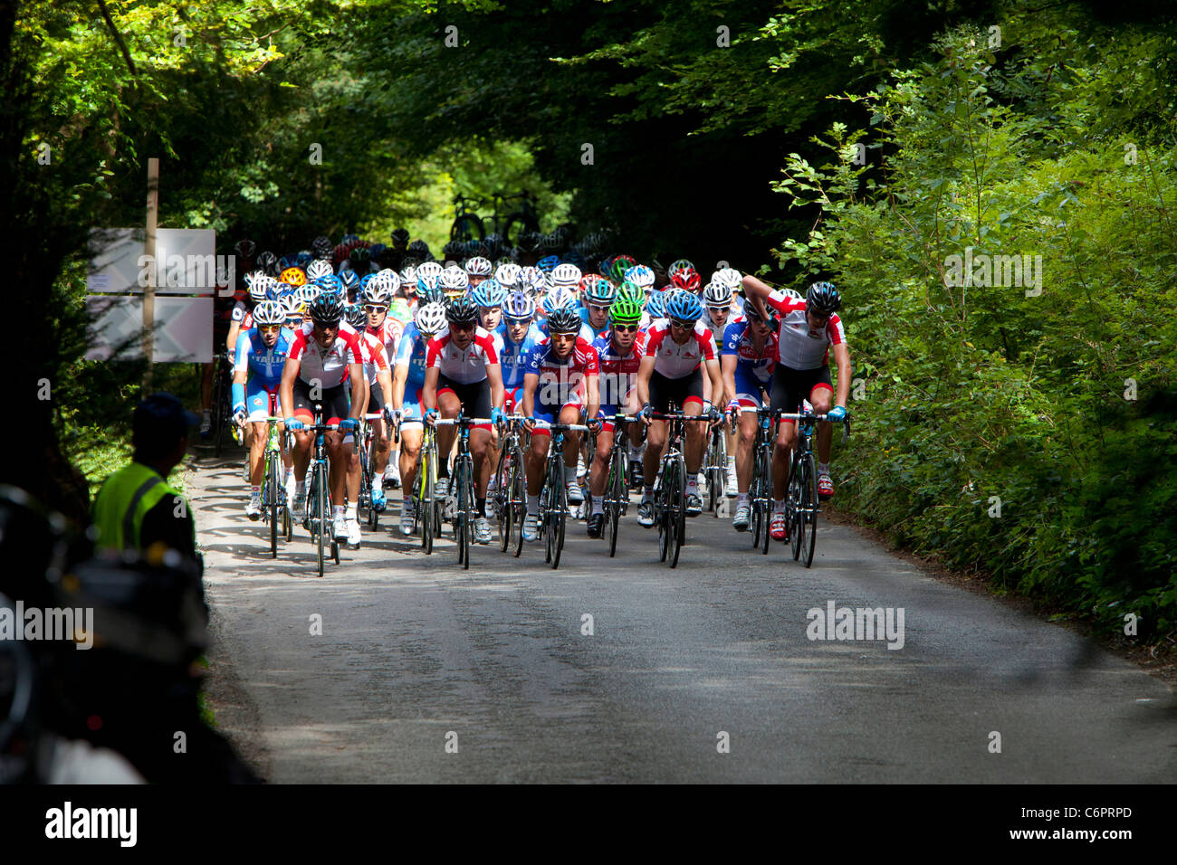 Pelaton London Surrey Classic cycle race on the Zig Zag Box Hill Dorking Surrey Hills Stock Photo