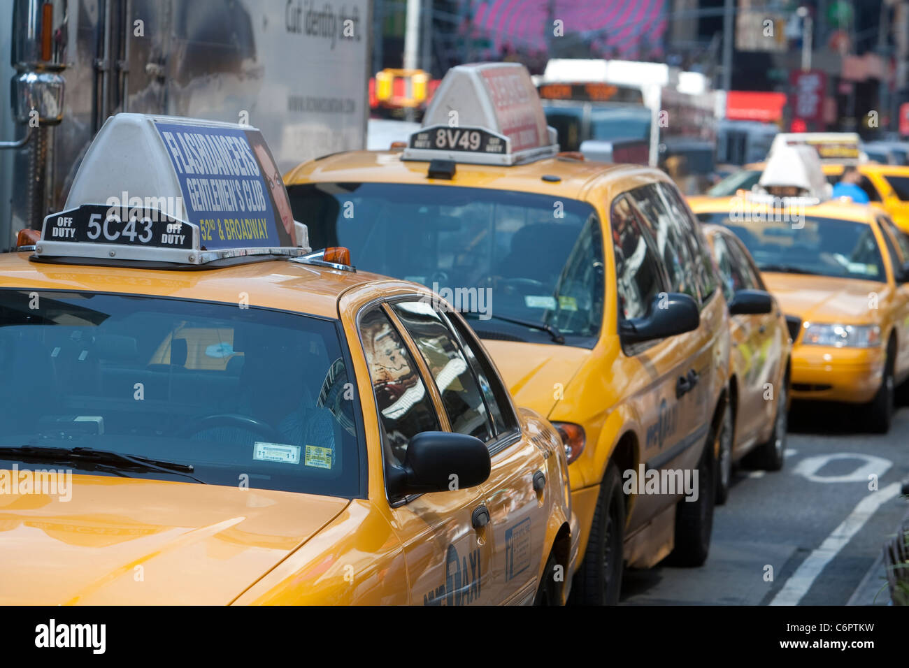 A NYC Taxis are lined up in the New York City borough of Manhattan, NY, Tuesday August 2, 2011. Stock Photo