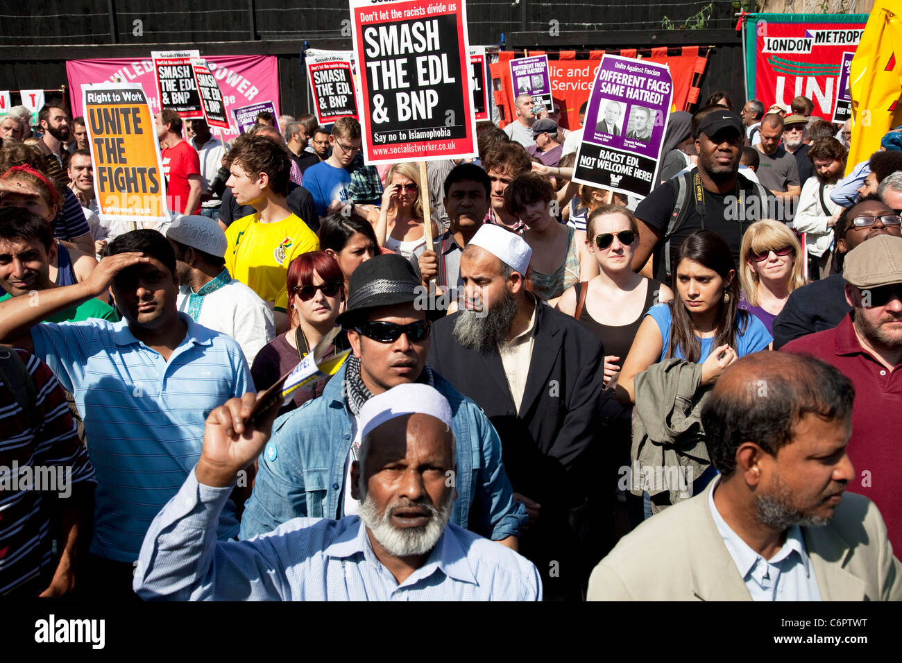 Anti fascism rally in Whitechapel, East London. Tower Hamlets unite. Multicultural gathering of people against the EDL and BNP. Stock Photo