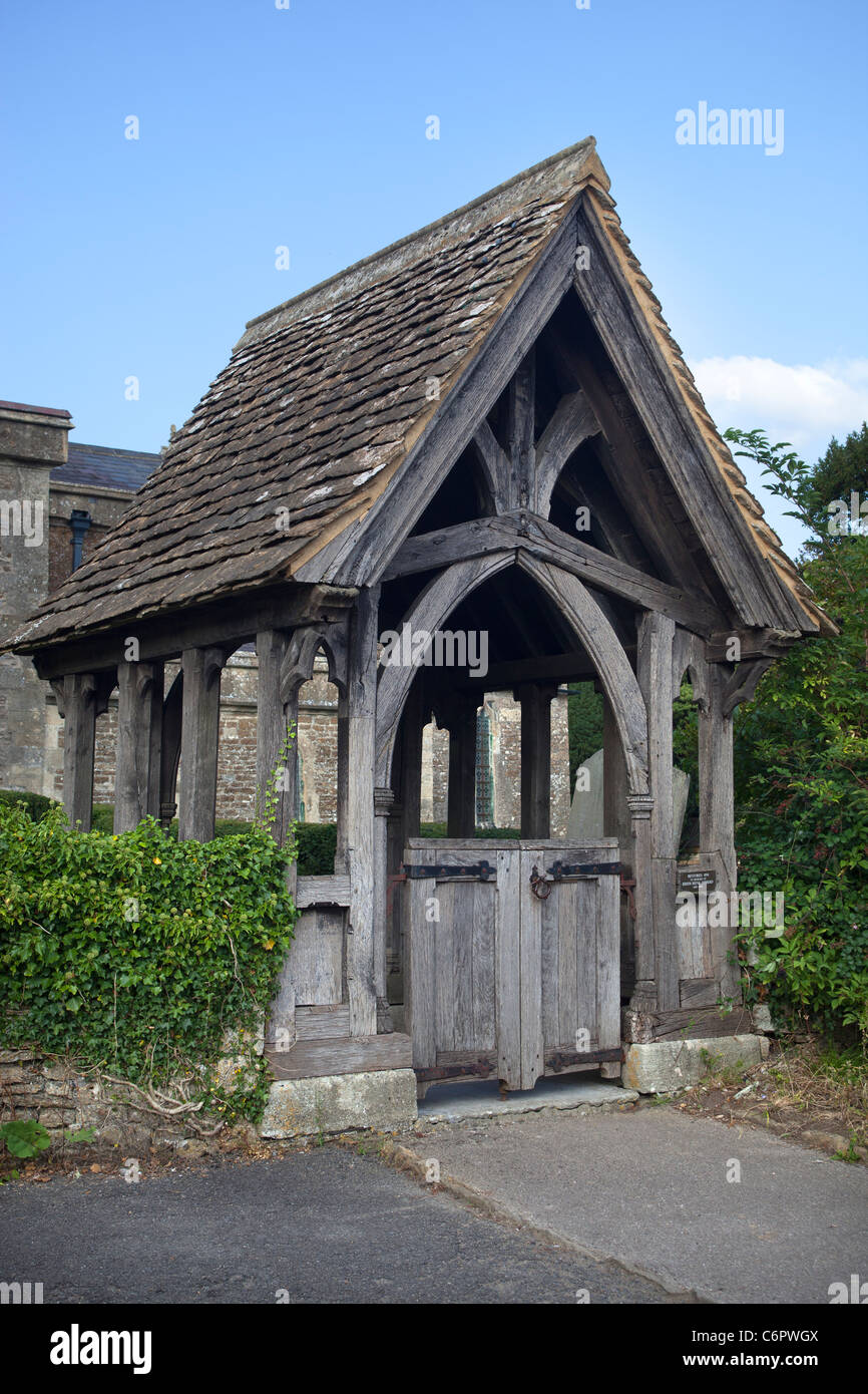 Wooden Porch Entrance to St Michael and All Angels Church Buckland Dinham Somerset Stock Photo