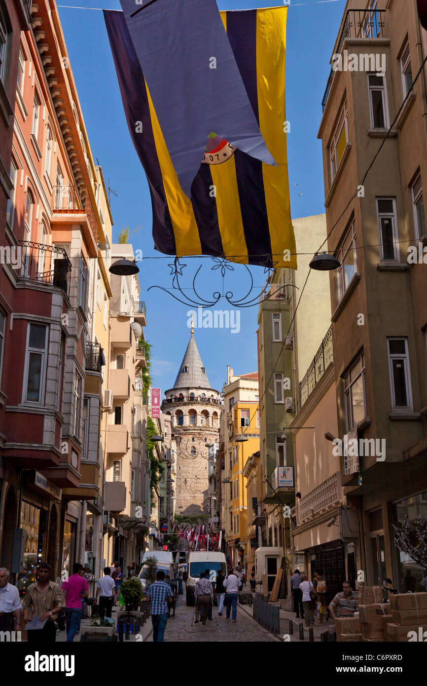 Galata Tower at the end of the Buyuk Hendec street, Beyoglu district, Istanbul, Turkey Stock Photo