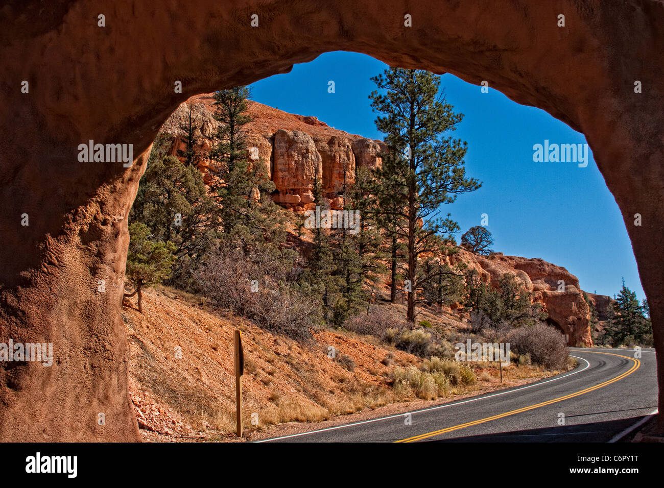 Rock Bridge Frames Entrance to Bryce Canyon National Park Stock Photo