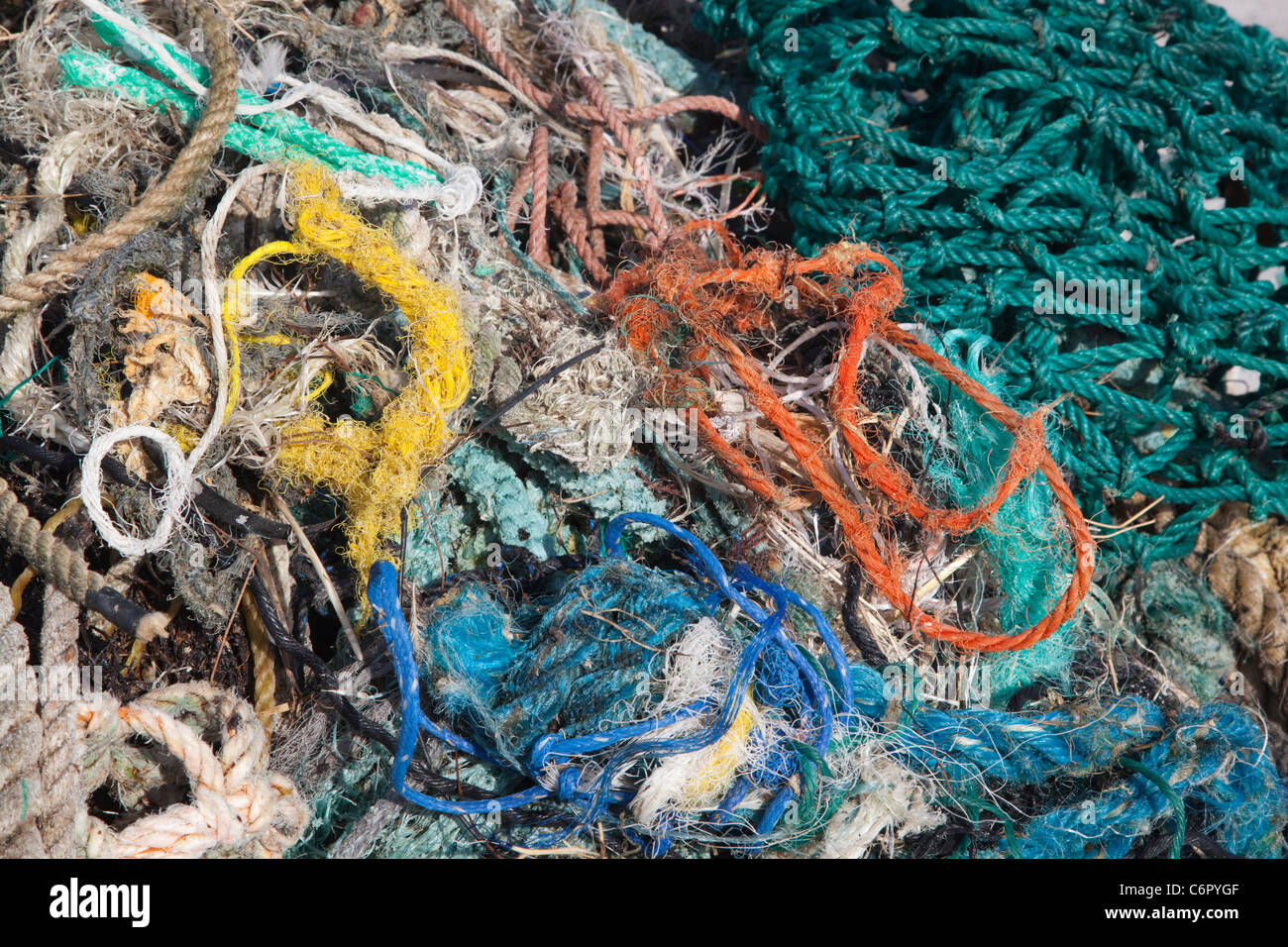 Plastic nets and ropes collected on a North Pacific island by tourists to prevent harm to seabirds or other wildlife Stock Photo