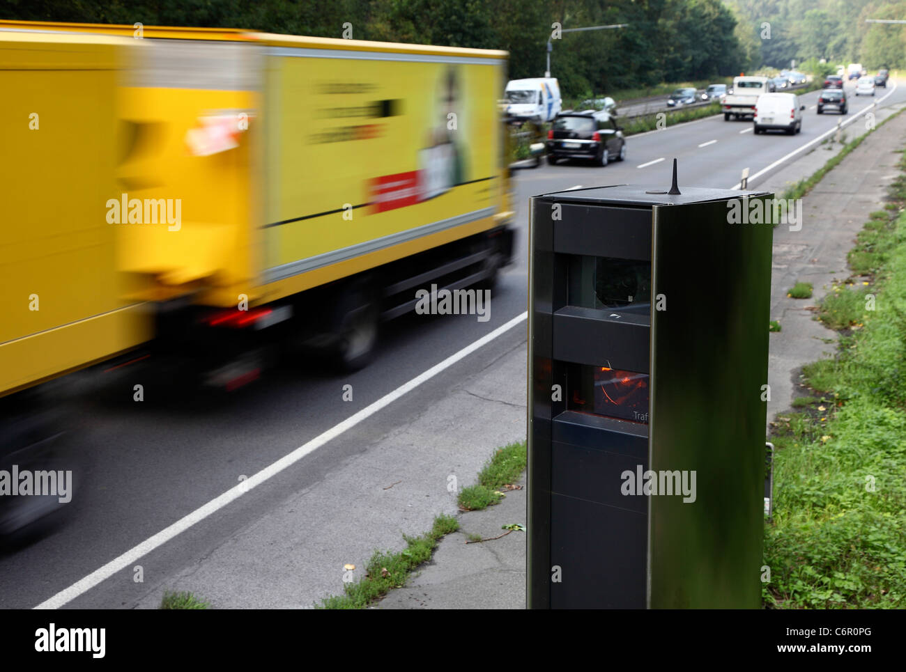 Speed control, traffic control camera, at a road in Gelsenkirchen, Germany, Europe. Stock Photo