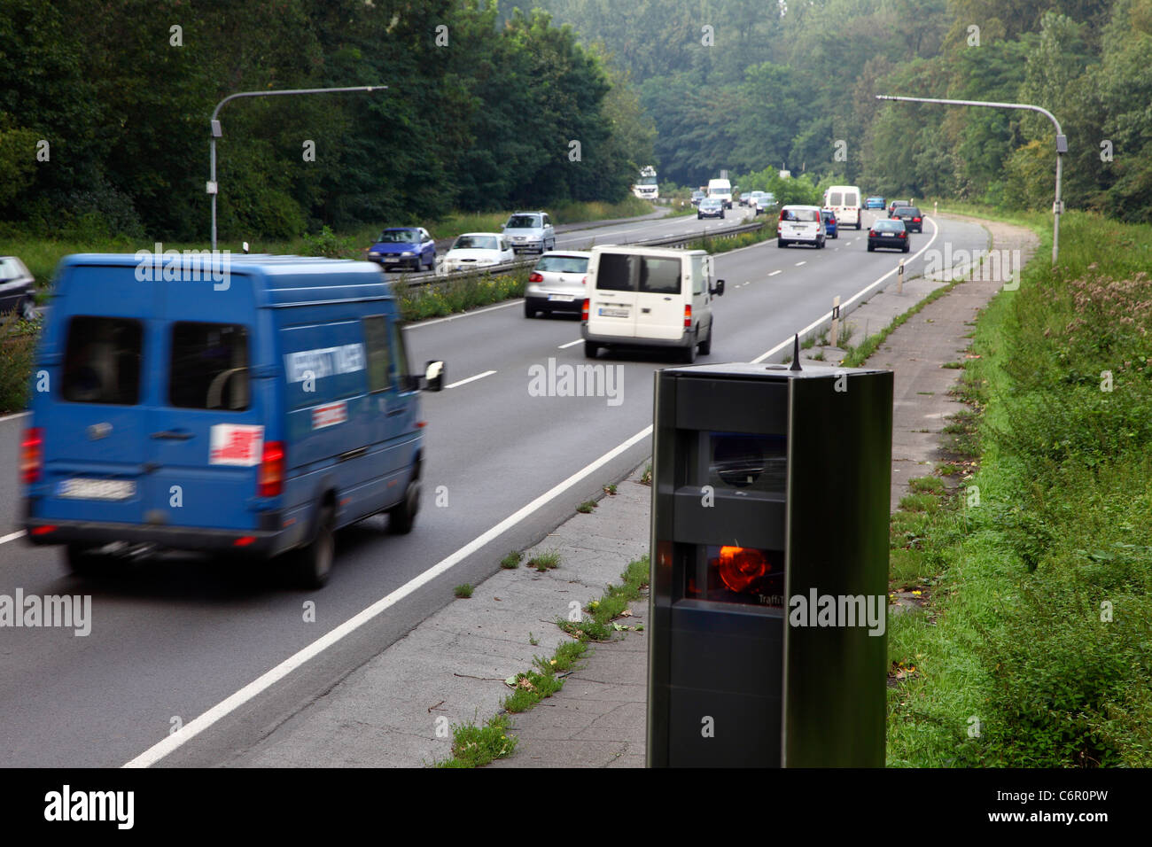 Speed control, traffic control camera, at a road in Gelsenkirchen, Germany, Europe. Stock Photo