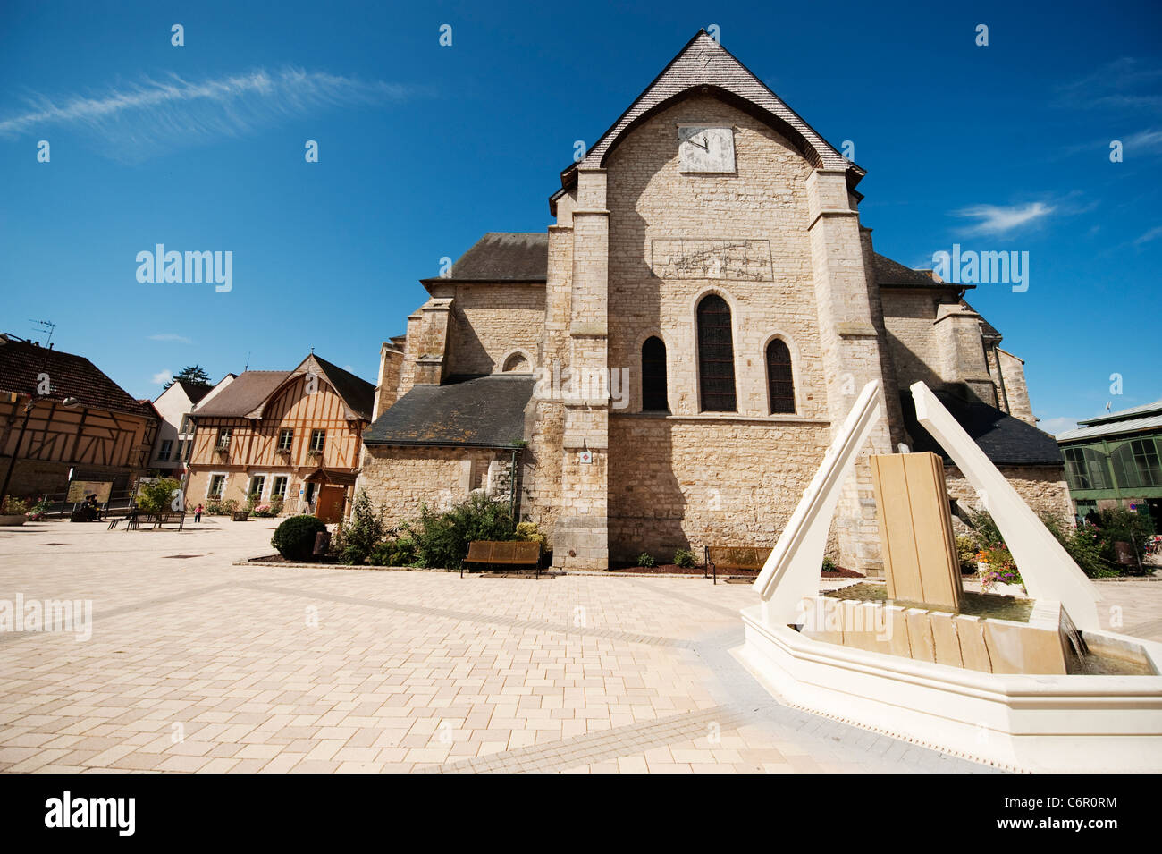 Church of Saint Jean Baptiste in the French village of Chaource in southern Champagne Ardenne on Monday market day. Stock Photo