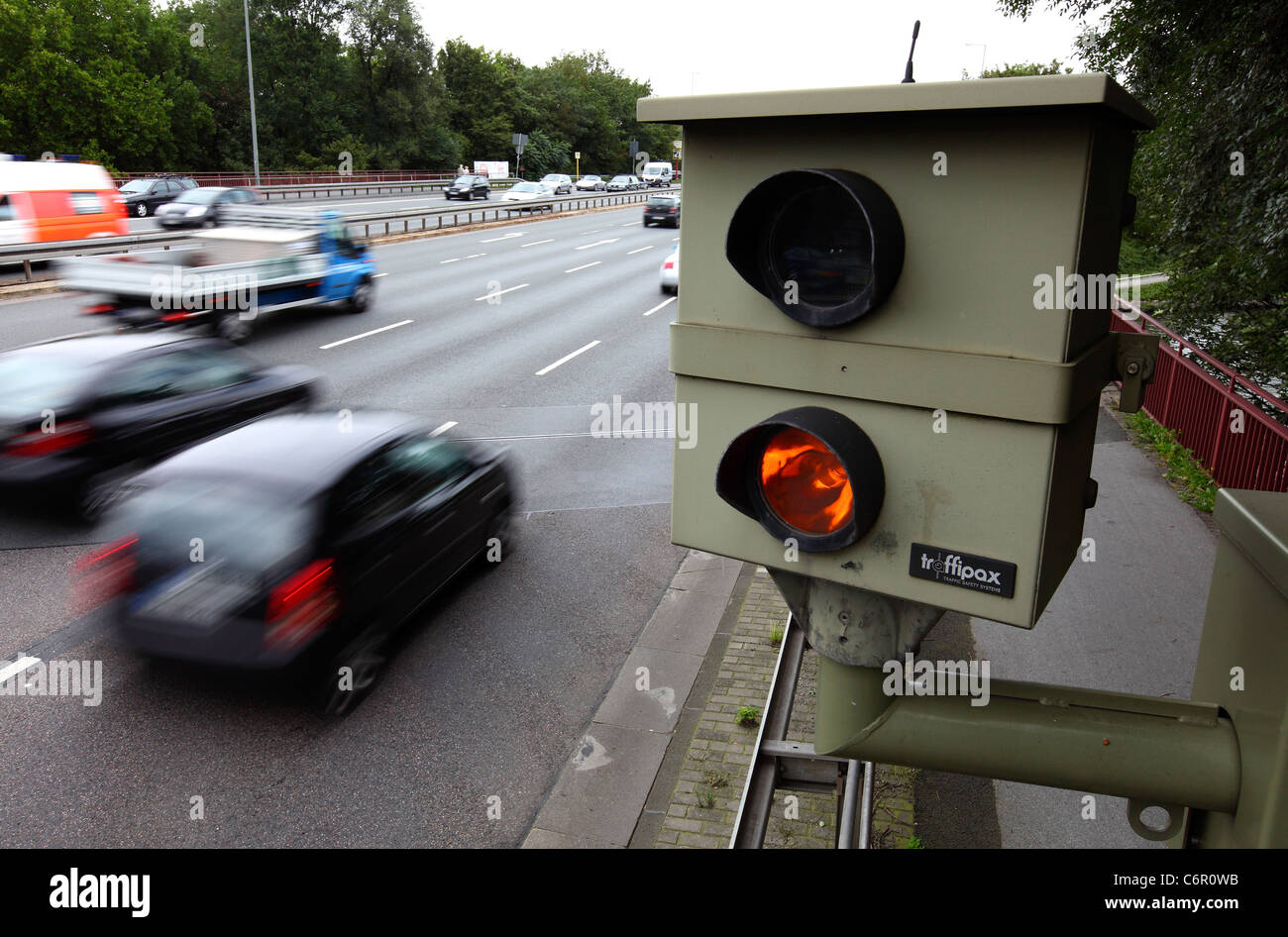 Inner city traffic control camera, speed control by camera. Oberhausen, Germany, Europe. Stock Photo