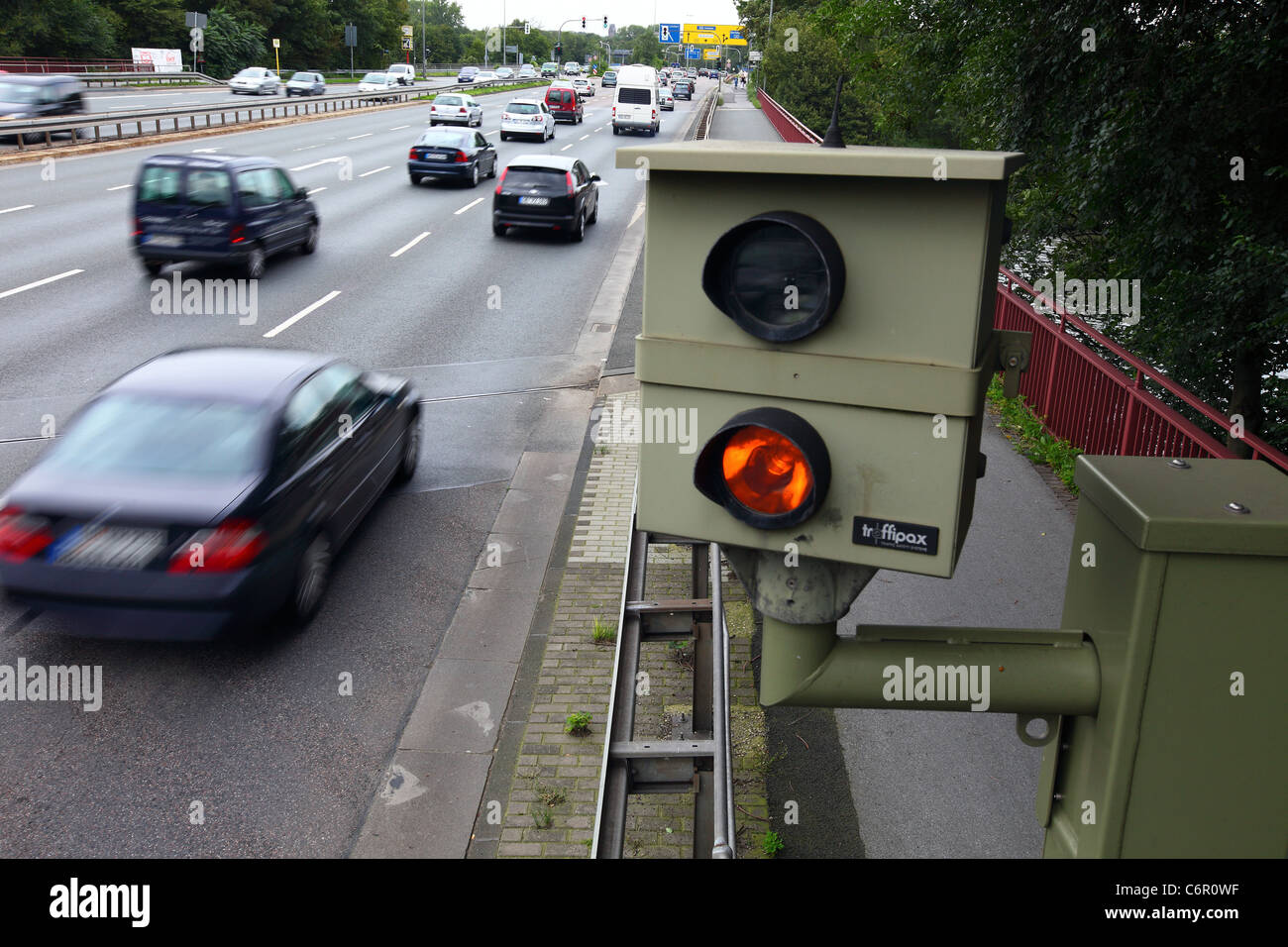 Inner city traffic control camera, speed control by camera. Oberhausen, Germany, Europe. Stock Photo