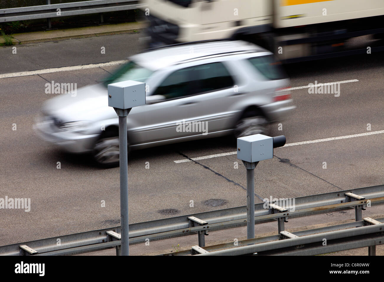 Speed cameras and flash at the A44 Autobahn, motorway. Controlling a