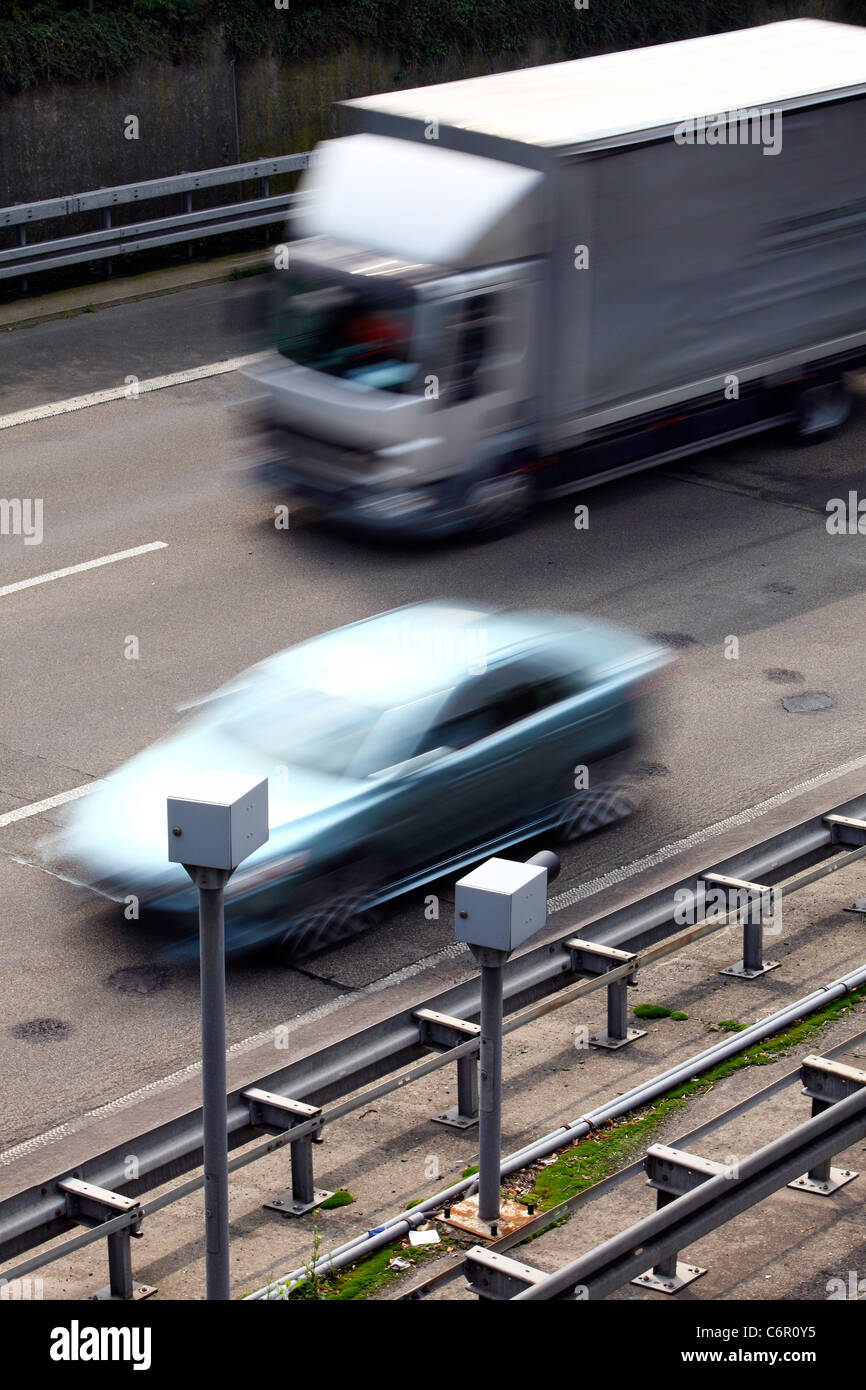 Speed cameras and flash at the A44 Autobahn, motorway. Controlling a