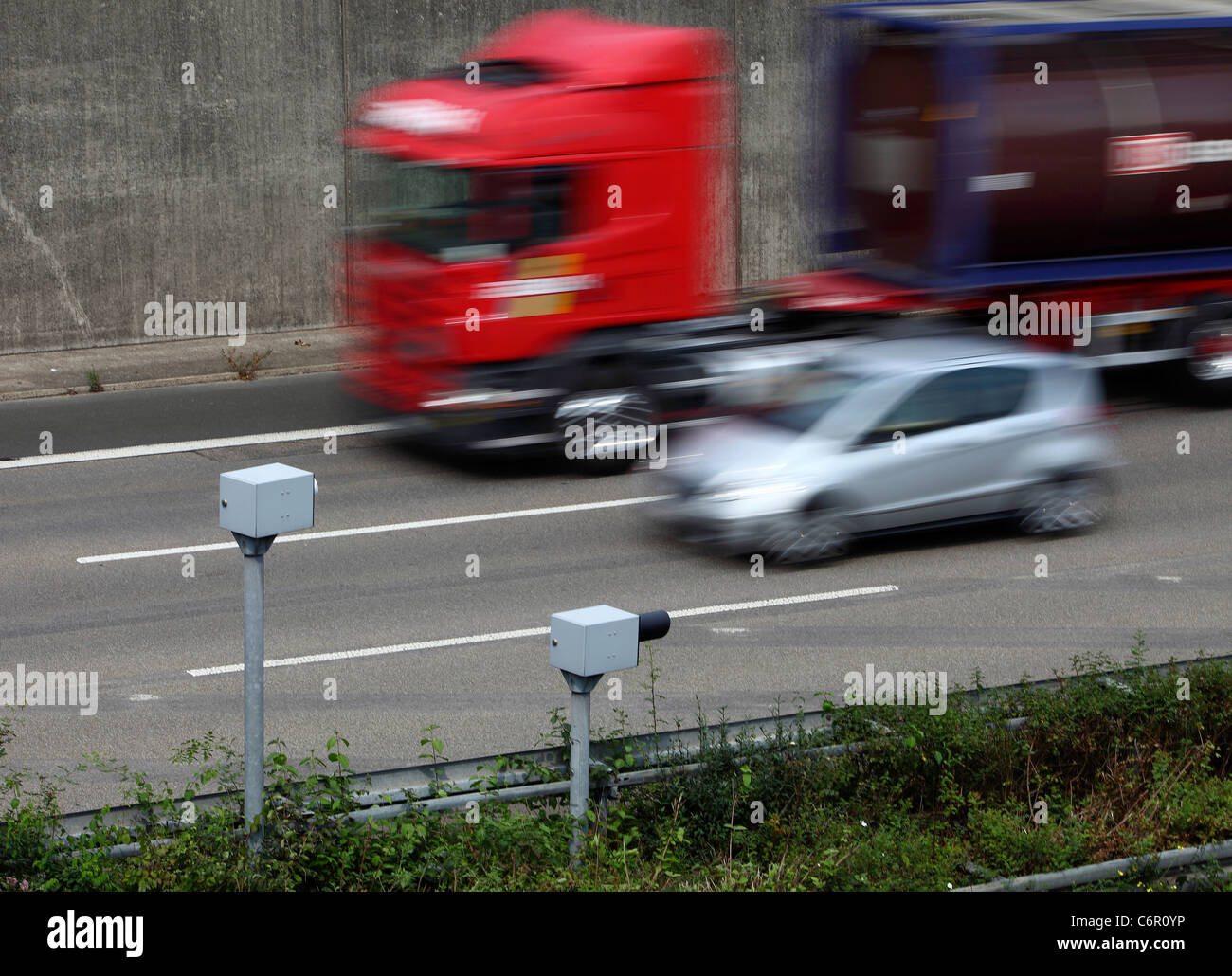 Speed cameras and flash at the A44 Autobahn, motorway. Controlling a