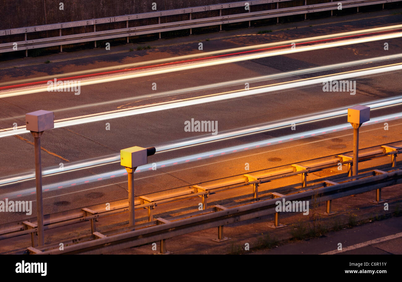 Speed cameras and flash at the A44 Autobahn, motorway. Controlling a speed limit at 100 km/h
