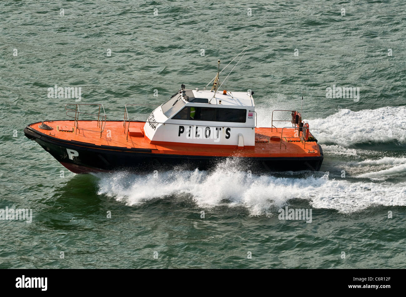 A Pilot boat off the coast of Barcelona Spain Stock Photo