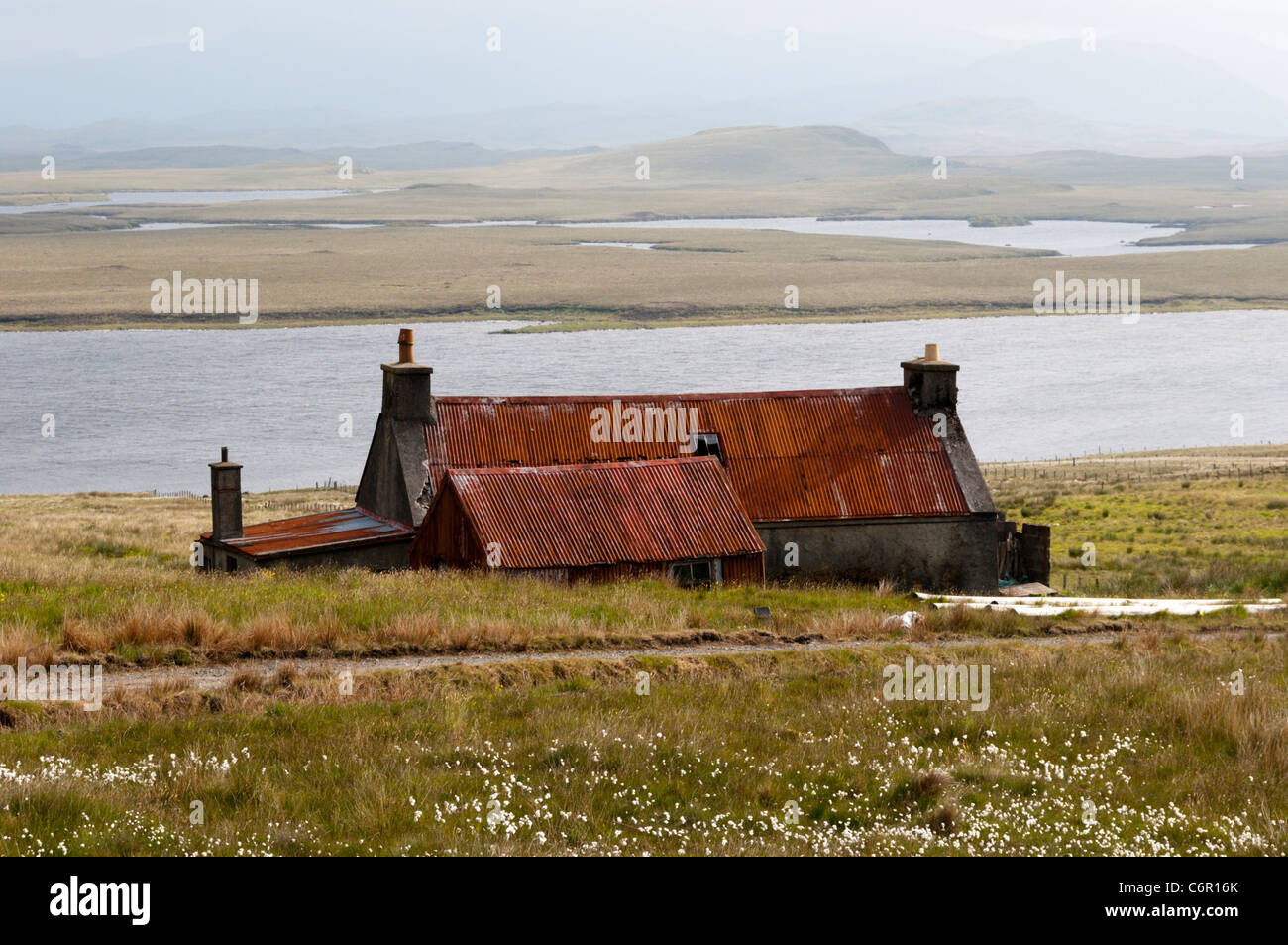 Corrugated iron roof on building at Acha Mor on the Isle of Lewis in the Outer Hebrides Stock Photo