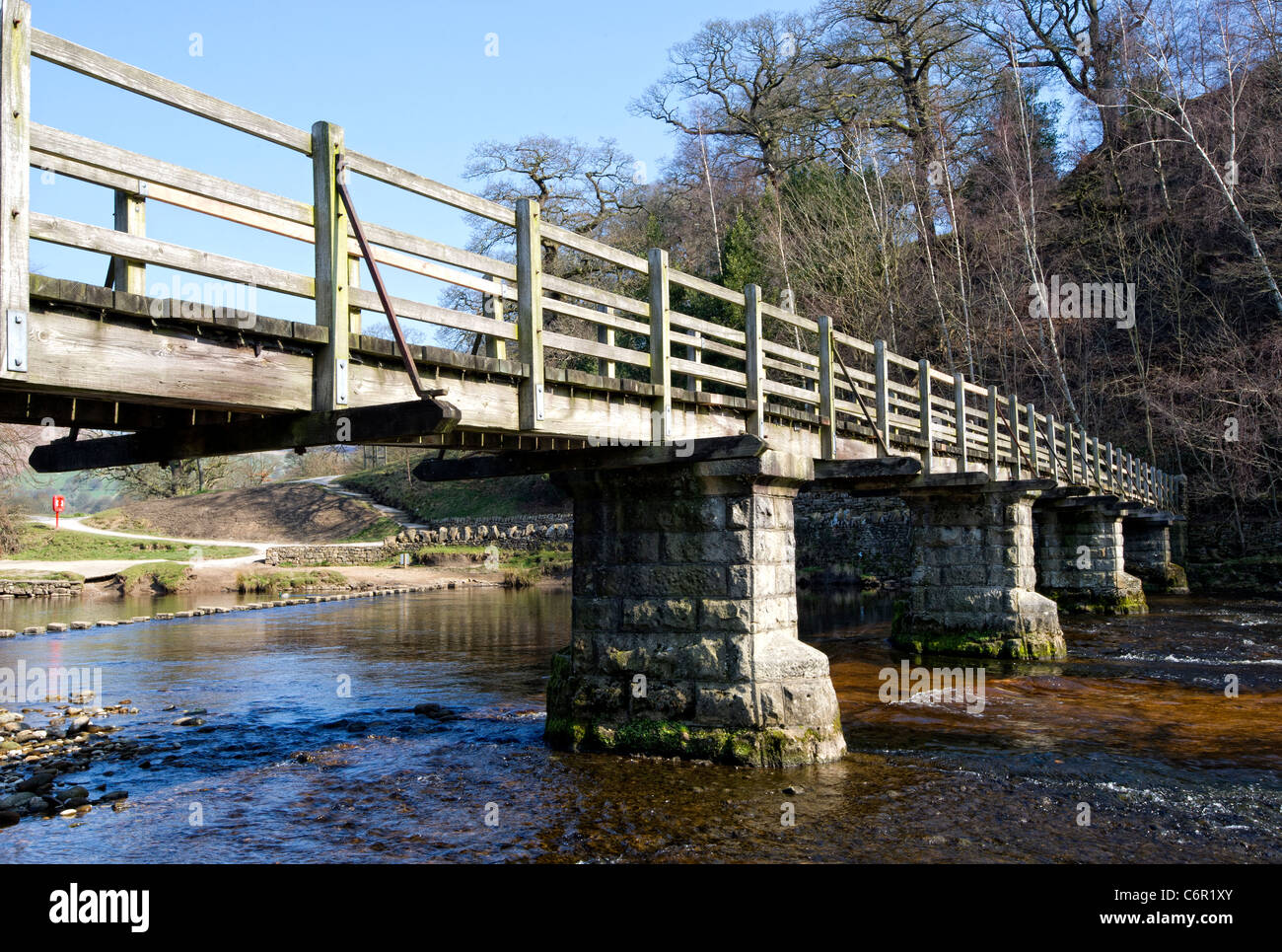 Wooden Bridge Over The River Wharfe At Bolton Abbey North Yorkshire