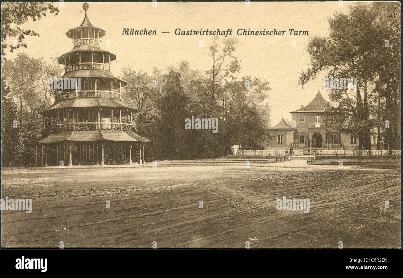 Postcard Munich Ottmar Zieher 1921. Gastwirtschaft Chinesischer Turm (Chinese Tower) Stock Photo