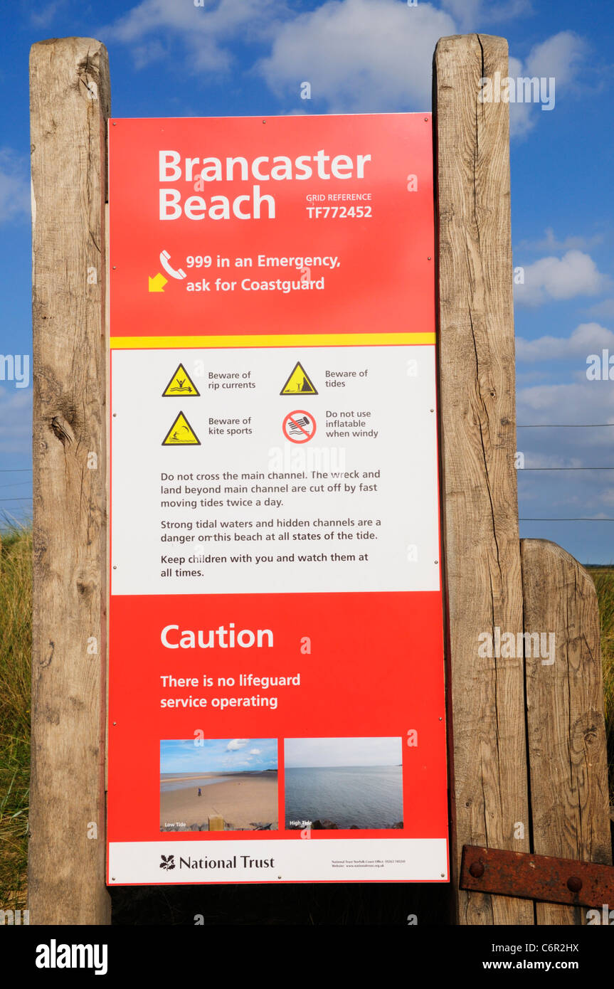 Brancaster Beach Safety Information Board, Norfolk, England, UK Stock Photo