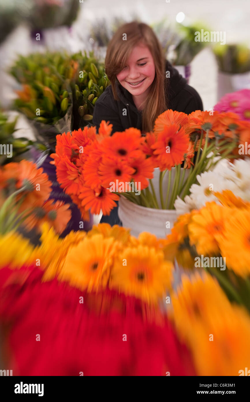 flower vendor at Farmer's Market, Santa Barbara, California, United States of America Stock Photo