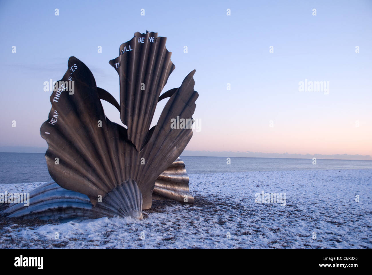 The Scallop sculpture on the beach at Aldeburgh dedicated to Benjamin Britten. Stock Photo