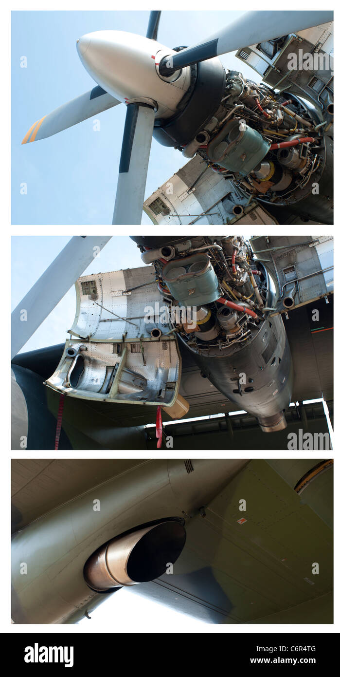 Plane disassembled engine. Tree horizontal images Stock Photo