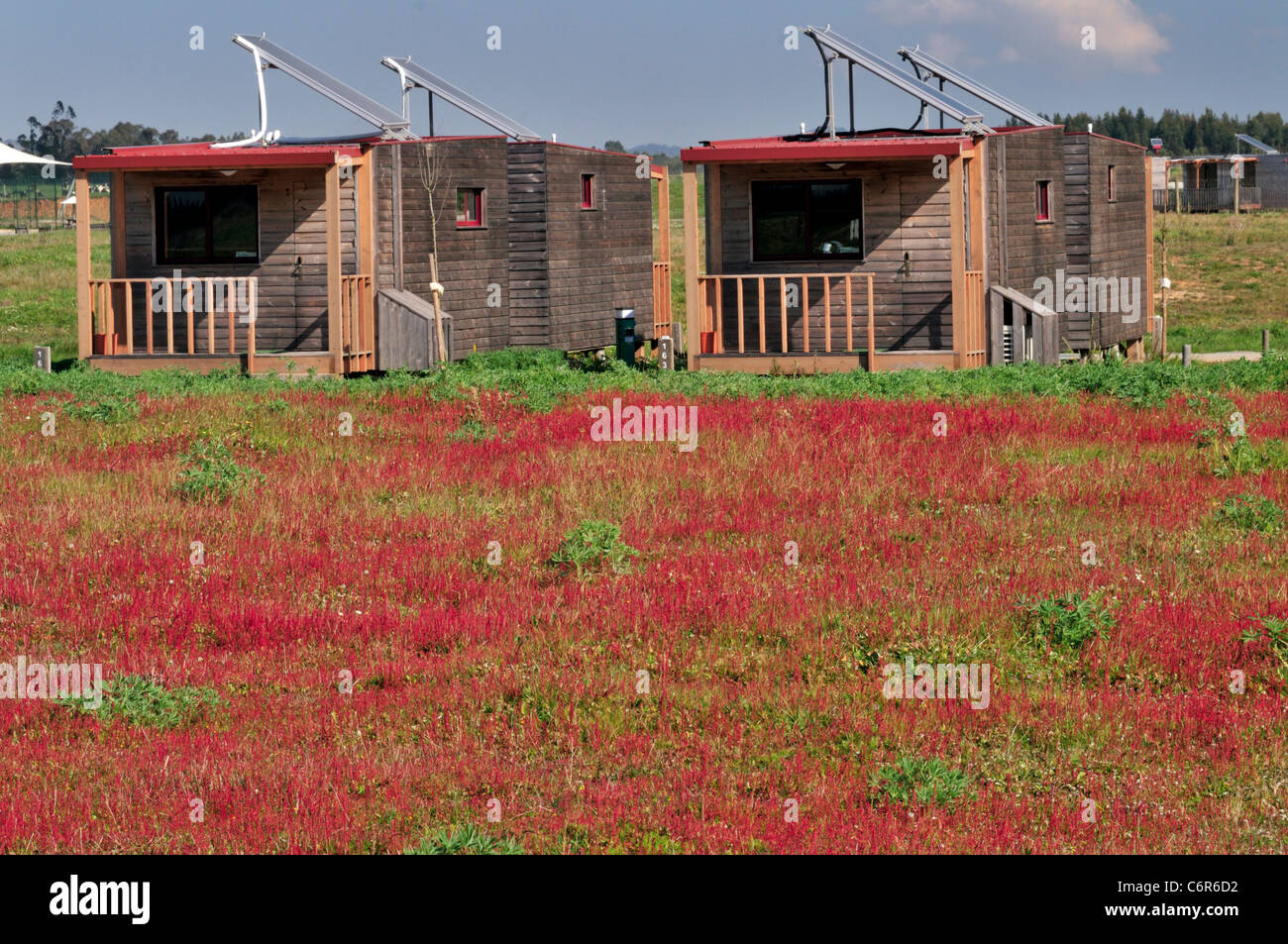 Portugal, Alentejo: Wooden Chalets of the  Eco and Camping Resort Zmar in Odemira Stock Photo