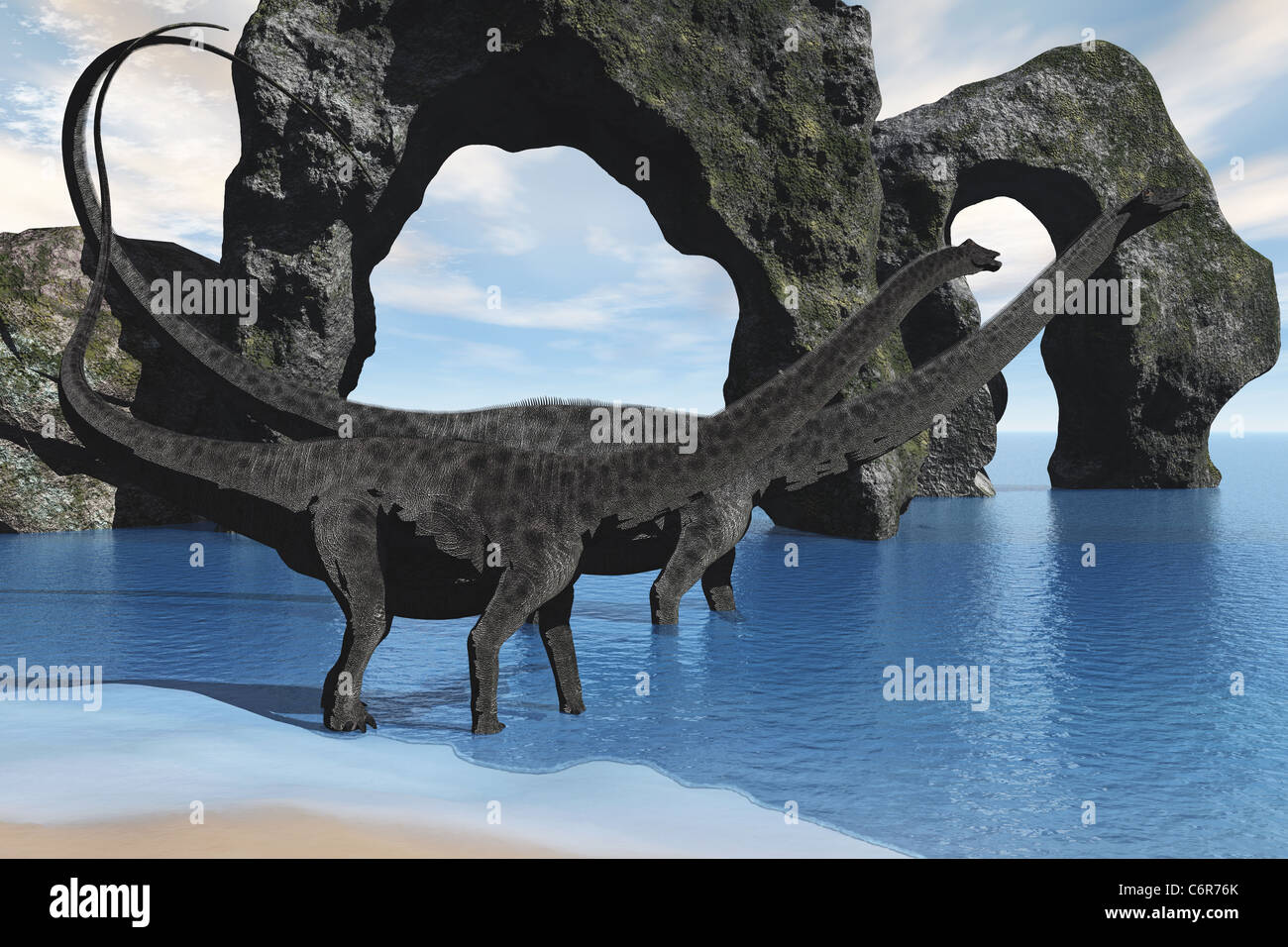 Two Diplodocus dinosaurs wade through shallow waters of a beautiful