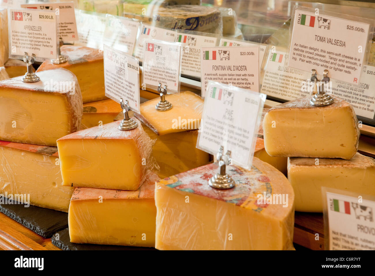 a selection of cheeses at C'est Cheese, Santa Barbara, California, United States of America Stock Photo