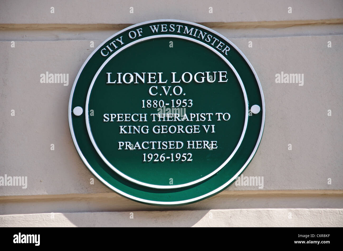 Plaque to Lionel Logue, speech therapist to King George VI, Harley Street, Westminster, Greater London, England, United Kingdom Stock Photo
