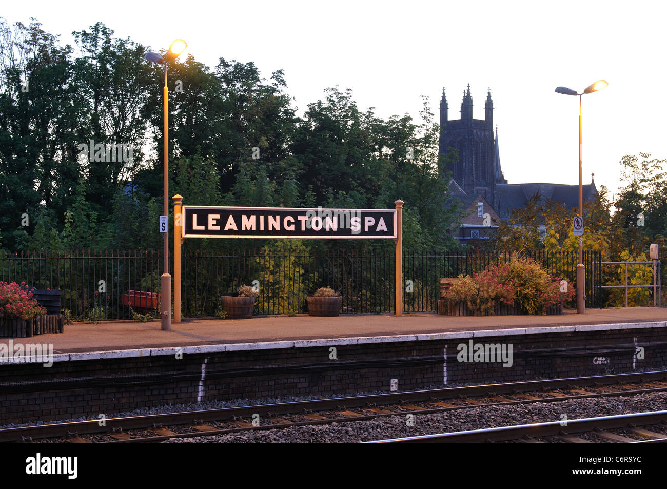 Leamington Spa railway station sign and All Saints Parish Church at