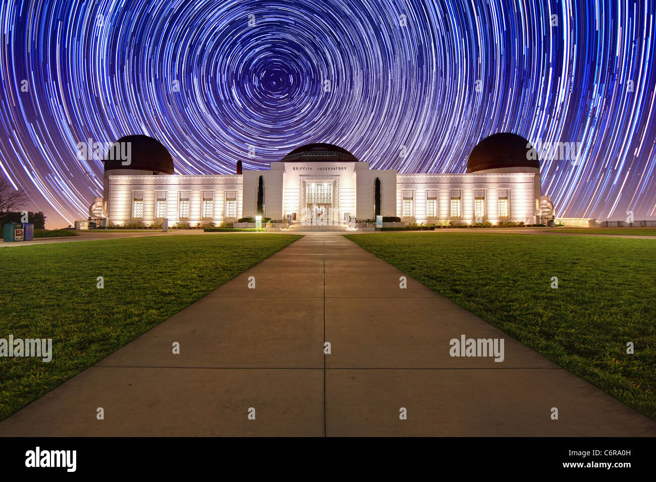 Star Trail Timelapse Behind the Griffith Observatory in Los Angeles, CA Stock Photo