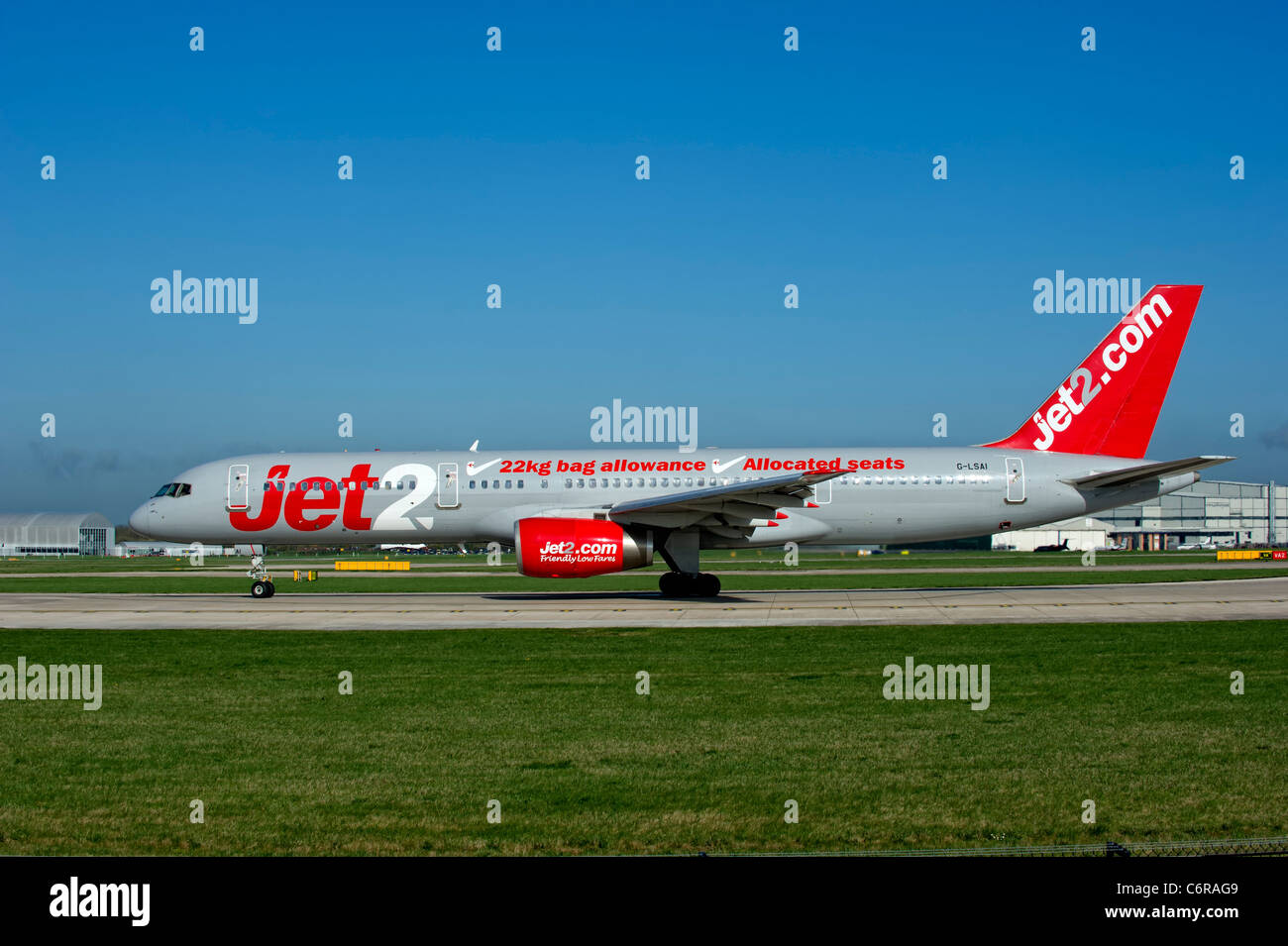 Jet2 aircraft prepares for take off from Manchester Airport, England