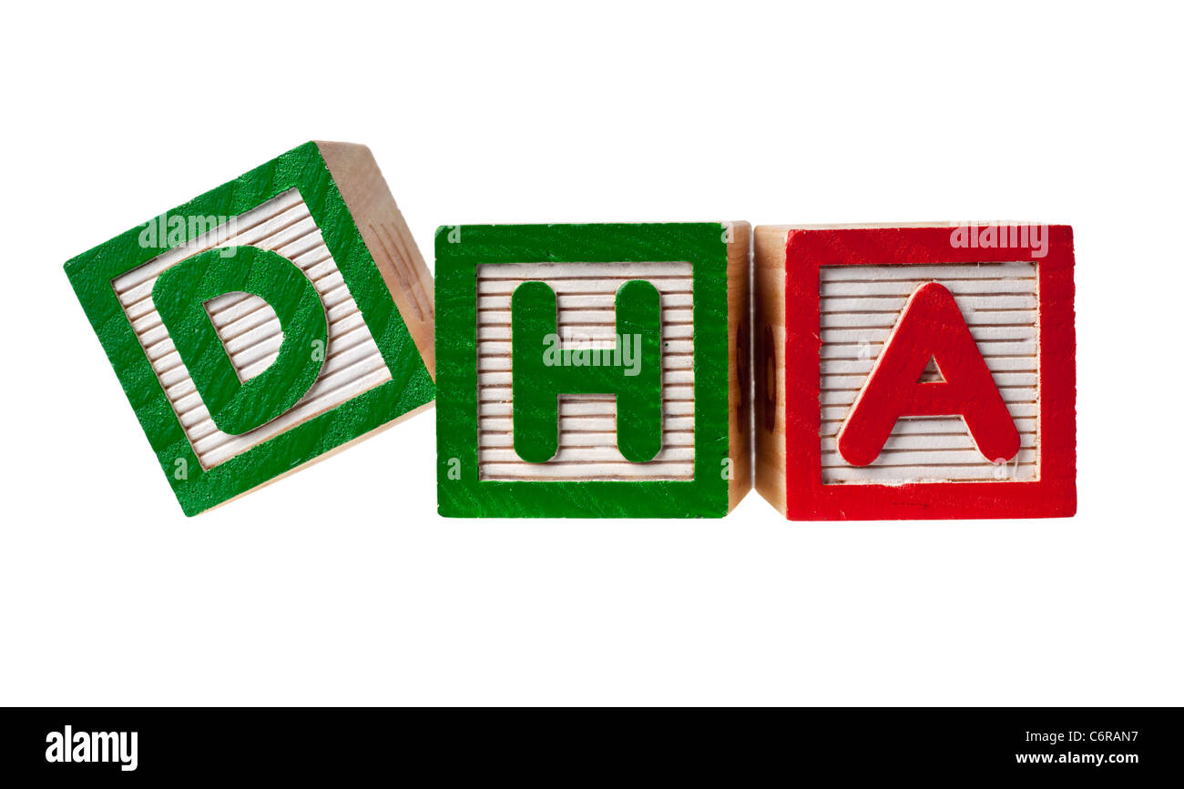 Wooden blocks forming the letters DHA isolated on white background Stock Photo
