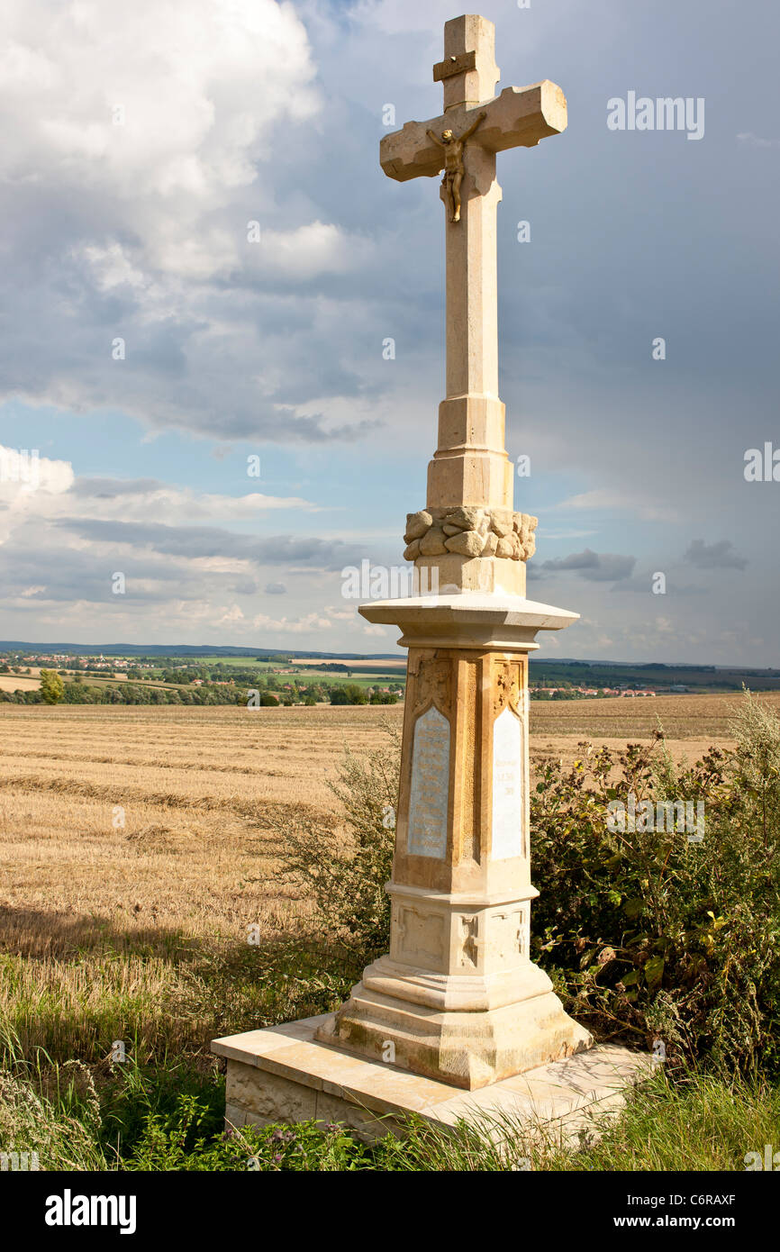 Roadside cross near the Zuran hill at the battlefield of Austerlitz. Stock Photo