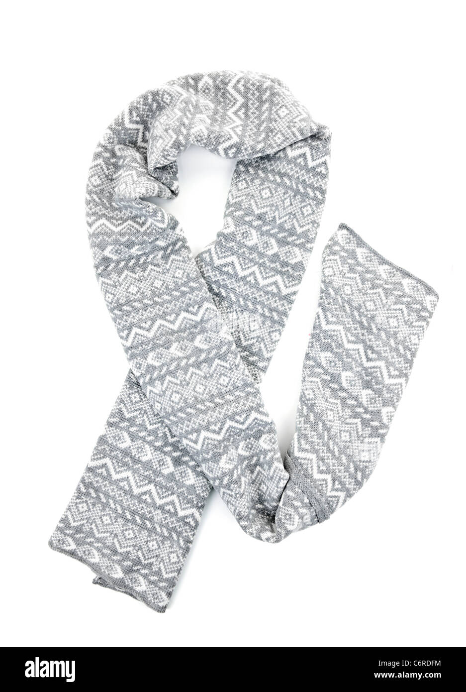 Gray winter wool scarf with pattern isolated on white Stock Photo