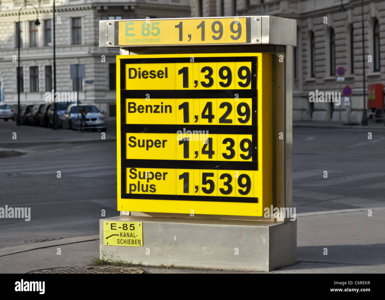 display of rising fuel prices at an austrian service station Stock Photo