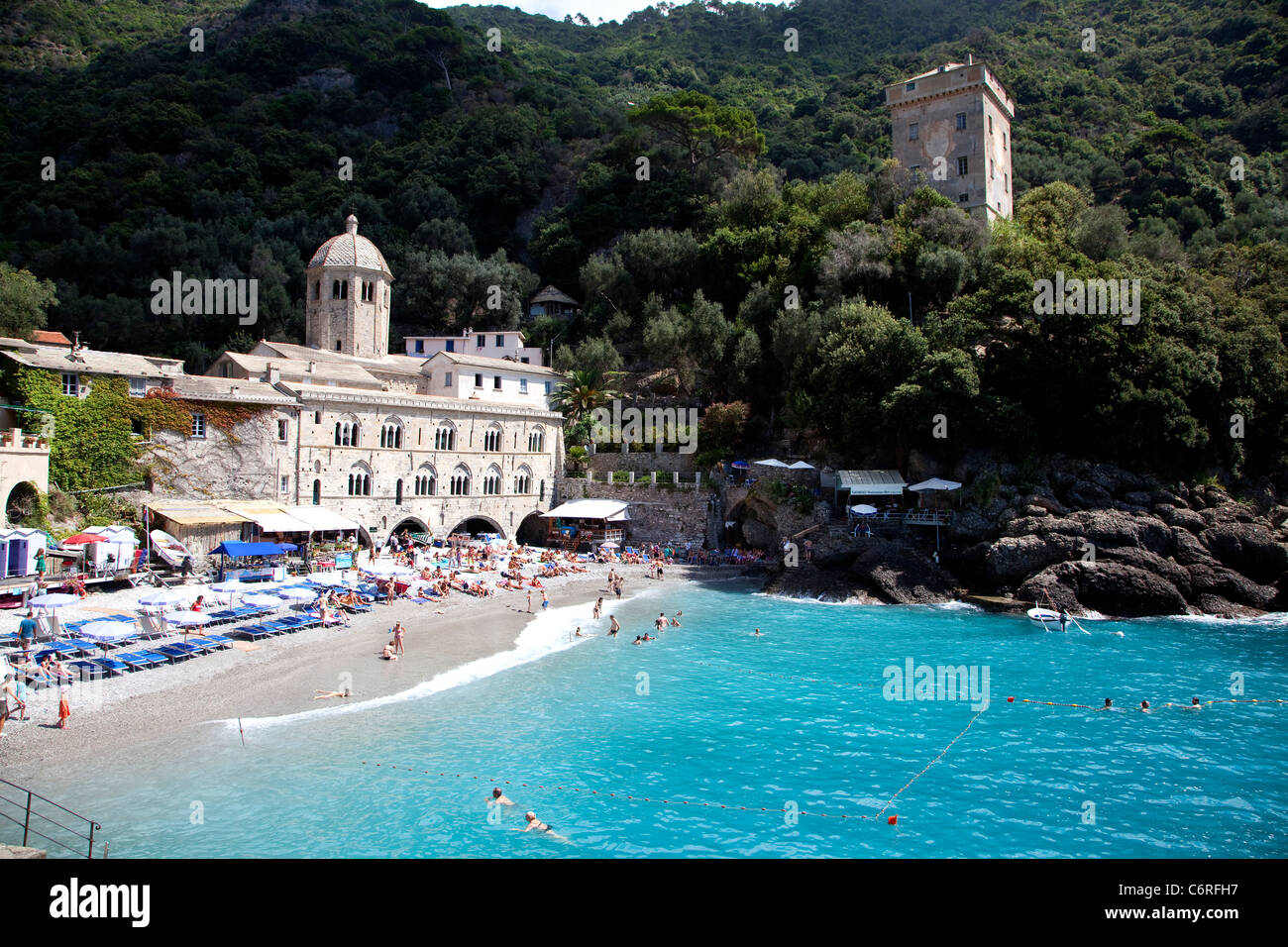 View Of San Fruttuoso Di Camogli Liguria Italy With Medieval Stock Photo Alamy