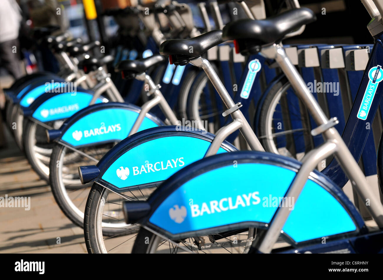 Hire cycles, London, Barclays Cycle Hire, Transport for London Cycles, bicycles or cycle hire station, London, Britain, UK Stock Photo