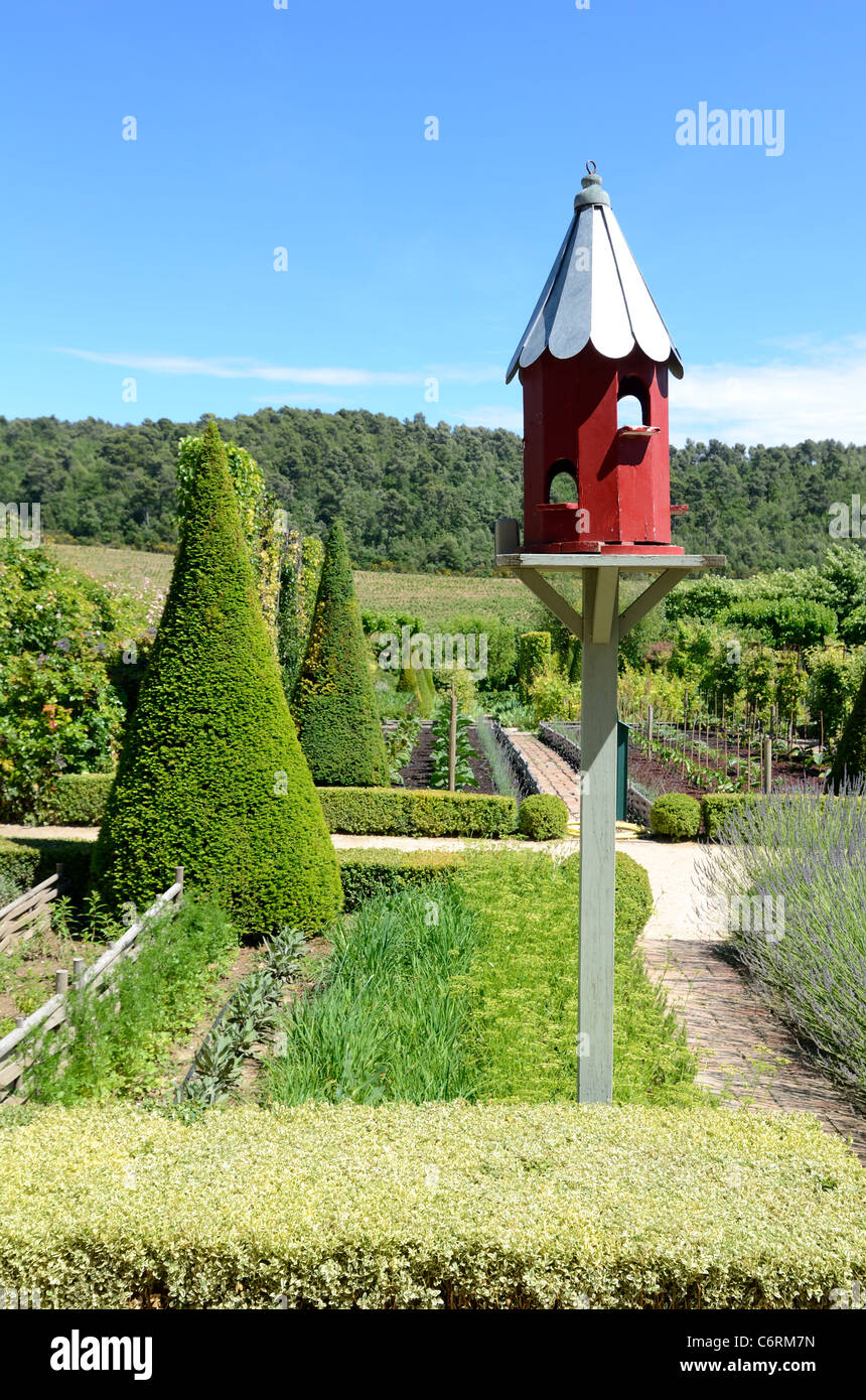 Pole-Mounted Decagonal Wooden Bird Box, Birdhouse, Nestbox or Nesting Box in Val Joannis Domaine or Garden Pertuis Luberon Provence France Stock Photo