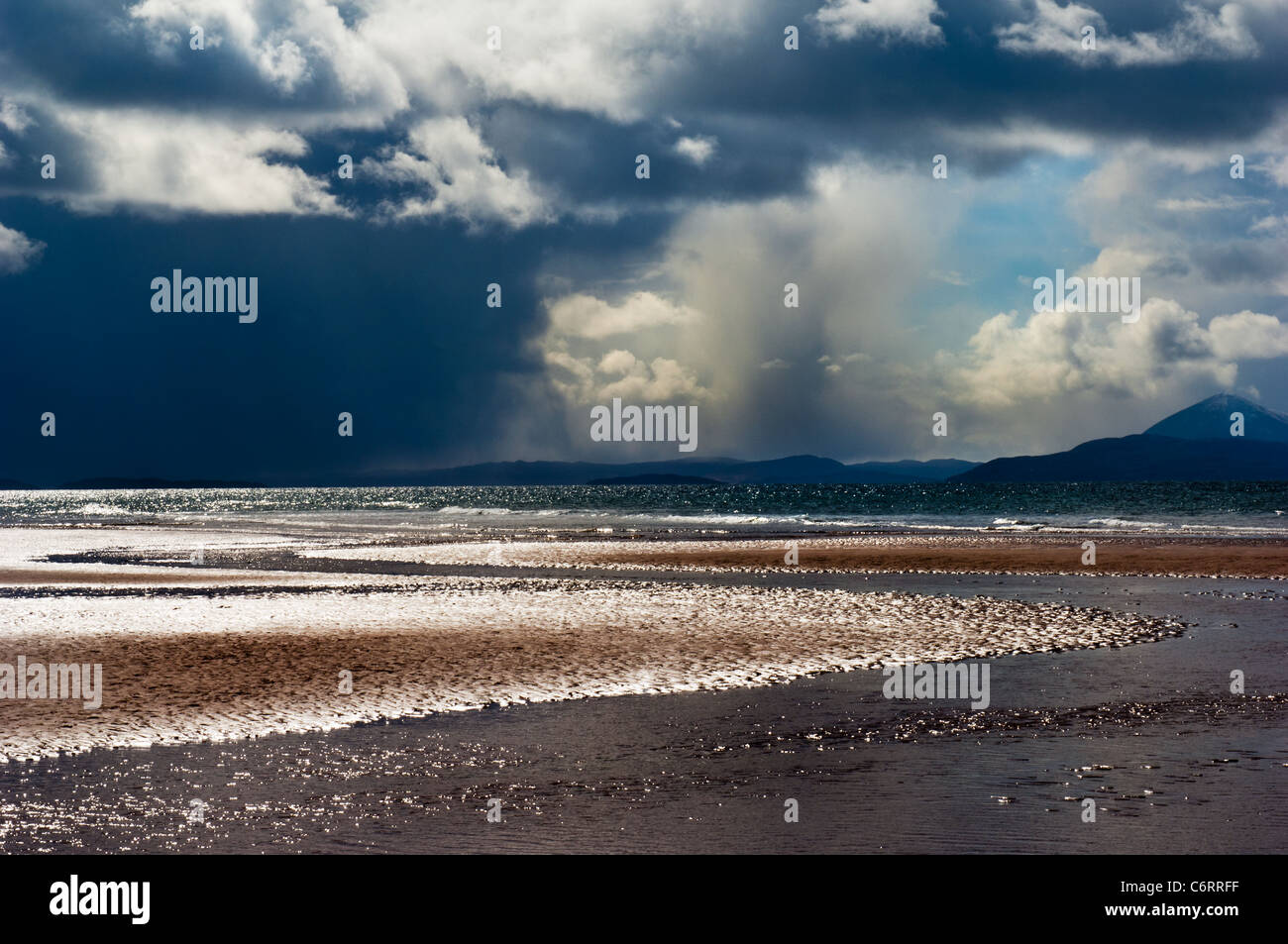 Storm clouds pass over Red Point, Scotland Stock Photo