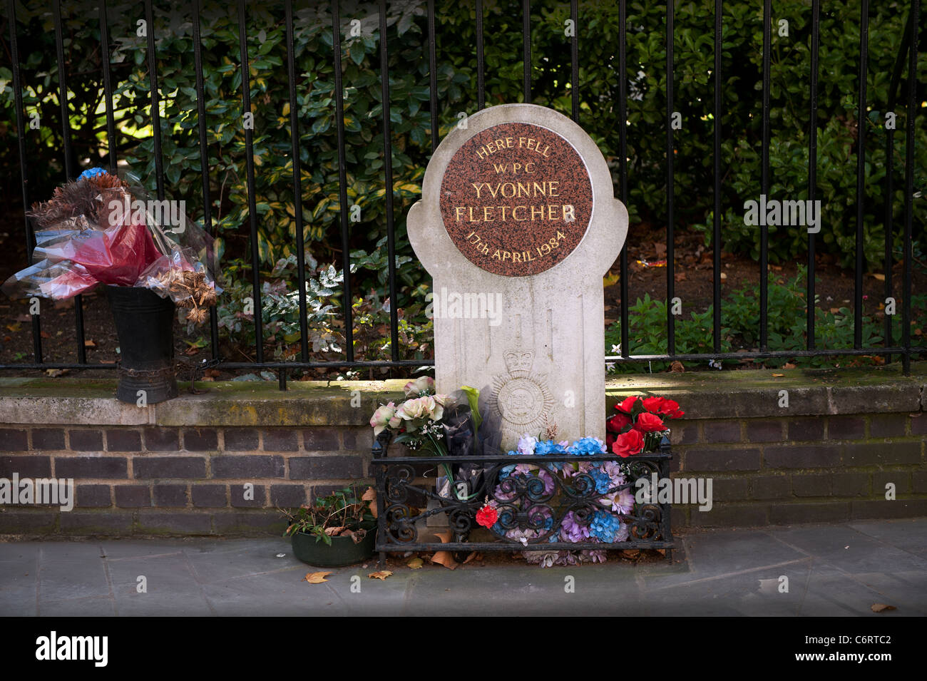 Memorial to WPC Yvonne Fletcher in St James Square, London England, murdered by a person shooting from Libyan Embassy opposite. Stock Photo