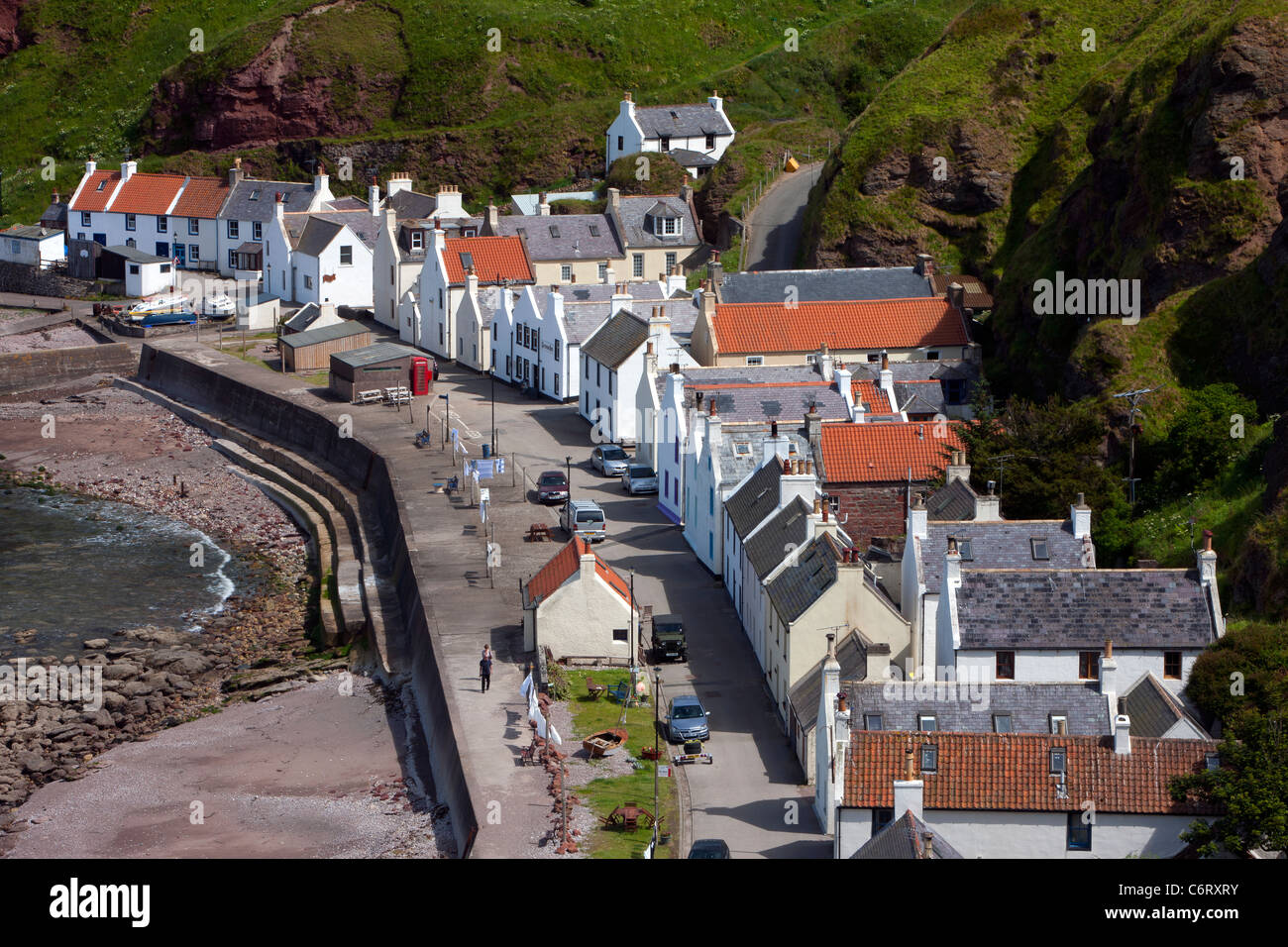 View of Pennan in Aberdeenshire from the cliffs above Stock Photo