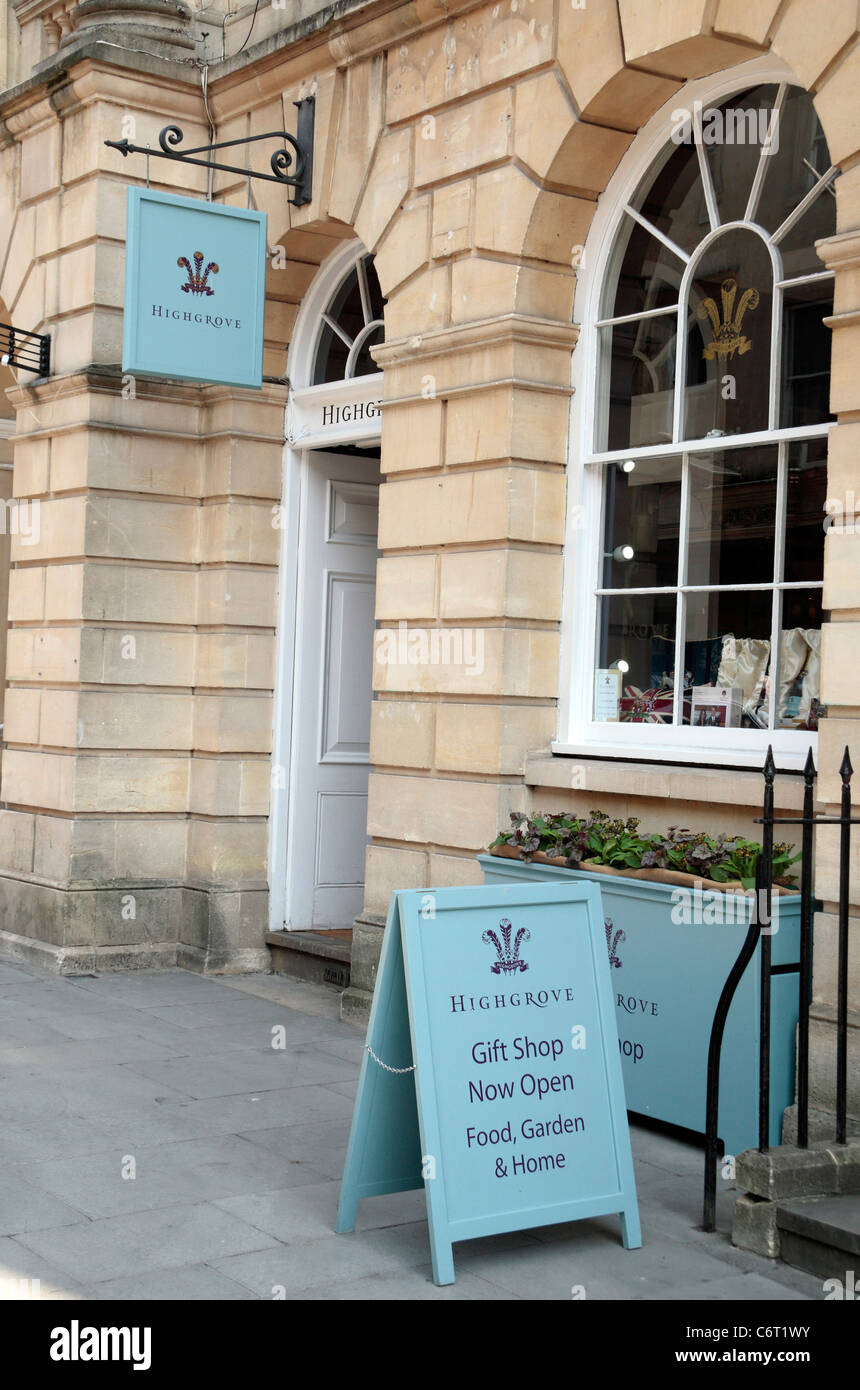 Signs outside The Highgrove shop (a Prince Charles linked business) in Bath, Somerset, England. Stock Photo