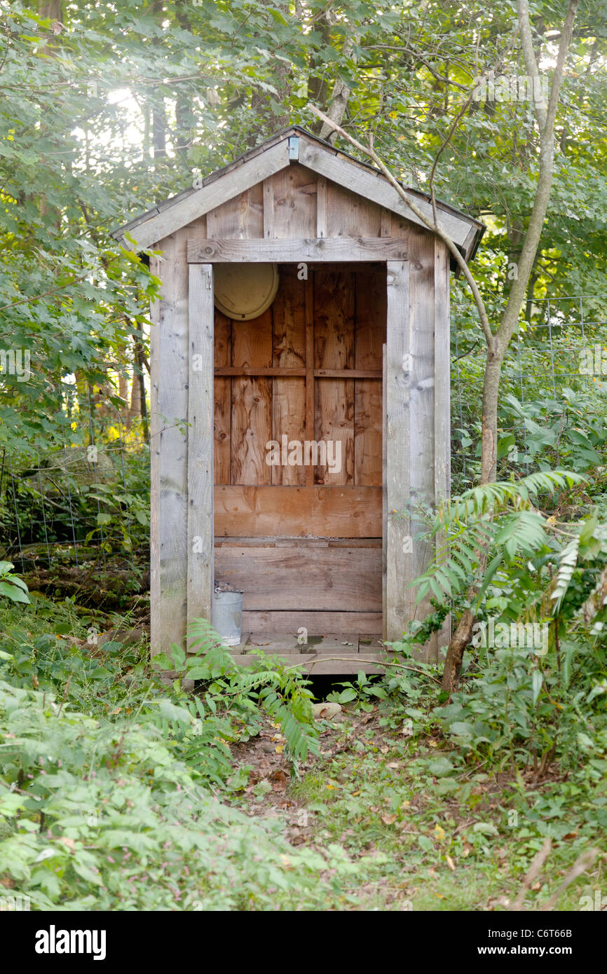 Outhouse in the woods, upstate New York Stock Photo